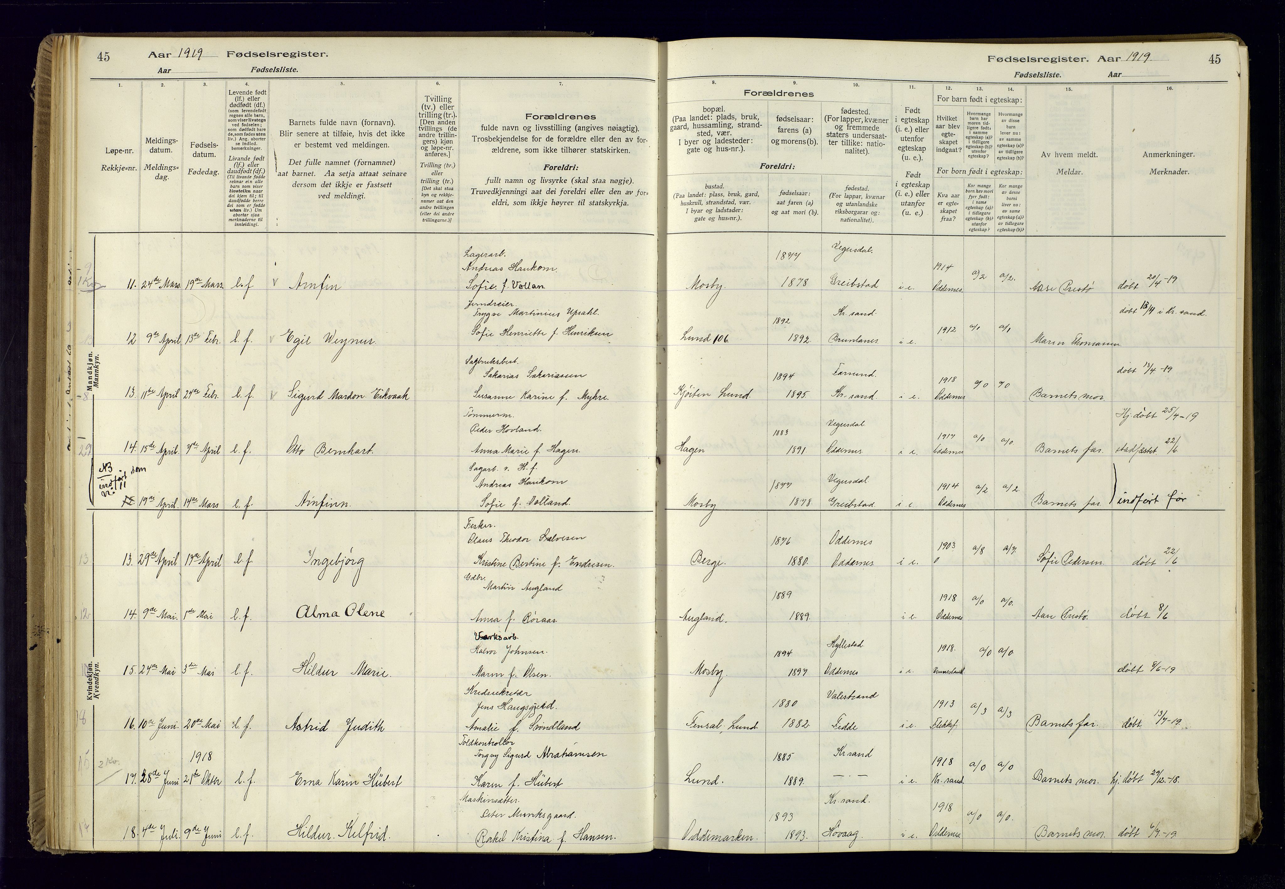 Oddernes sokneprestkontor, AV/SAK-1111-0033/J/Ja/L0001: Fødselsregister nr. 1, 1916-1935, s. 45