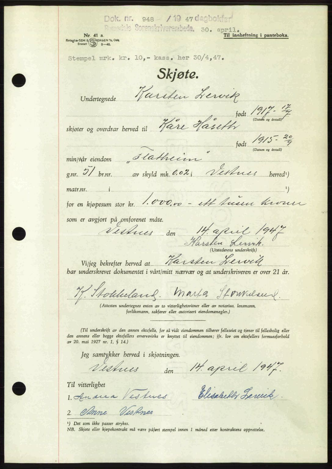 Romsdal sorenskriveri, SAT/A-4149/1/2/2C: Pantebok nr. A22, 1947-1947, Dagboknr: 948/1947