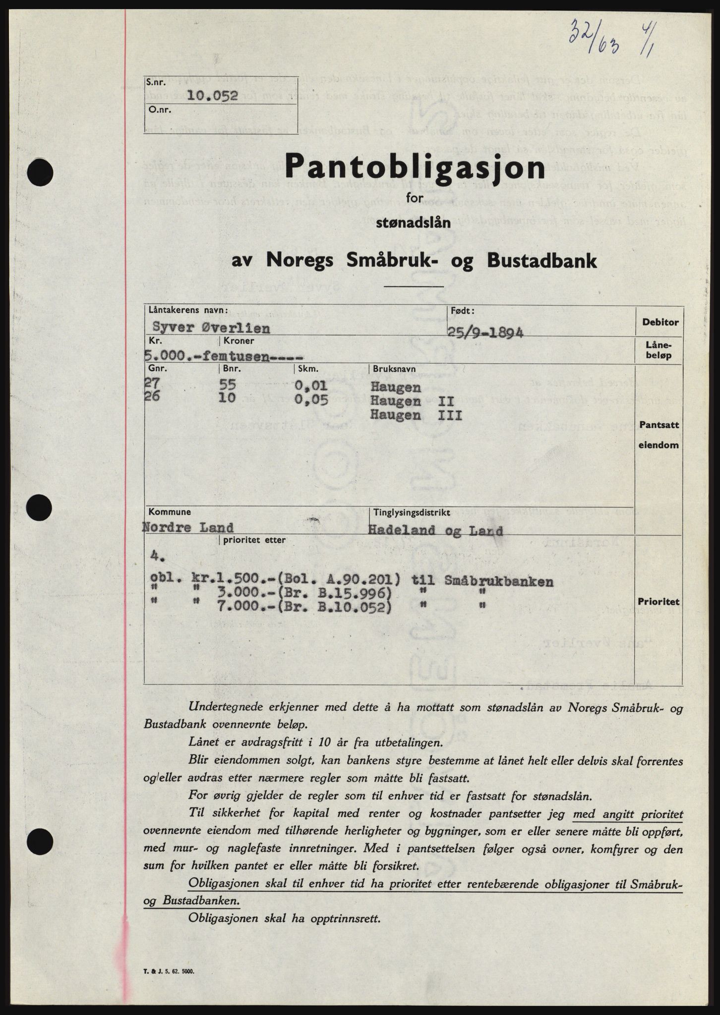 Hadeland og Land tingrett, SAH/TING-010/H/Hb/Hbc/L0050: Pantebok nr. B50, 1962-1963, Dagboknr: 32/1963