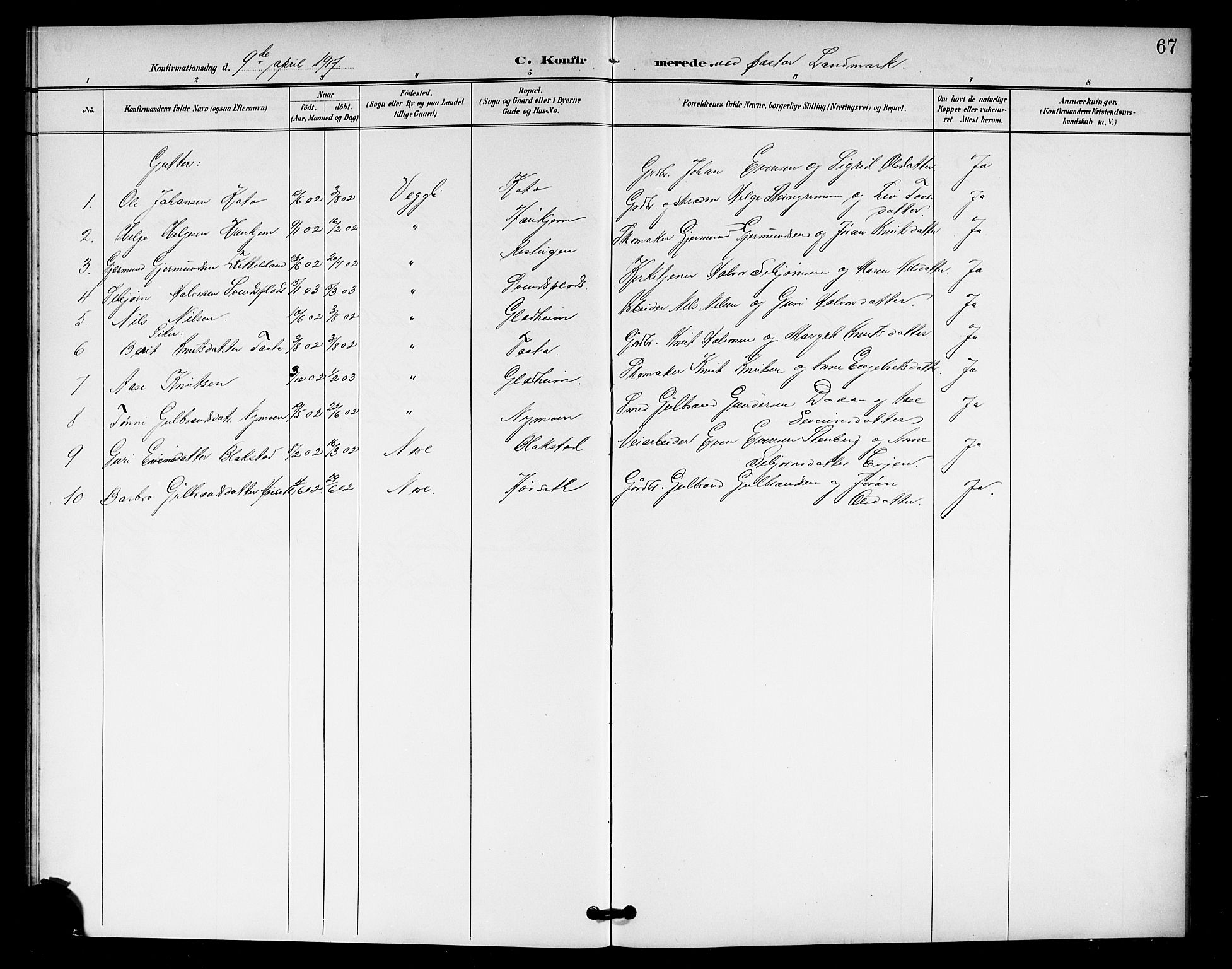 Rollag kirkebøker, AV/SAKO-A-240/G/Gb/L0003: Klokkerbok nr. II 3, 1897-1919, s. 67