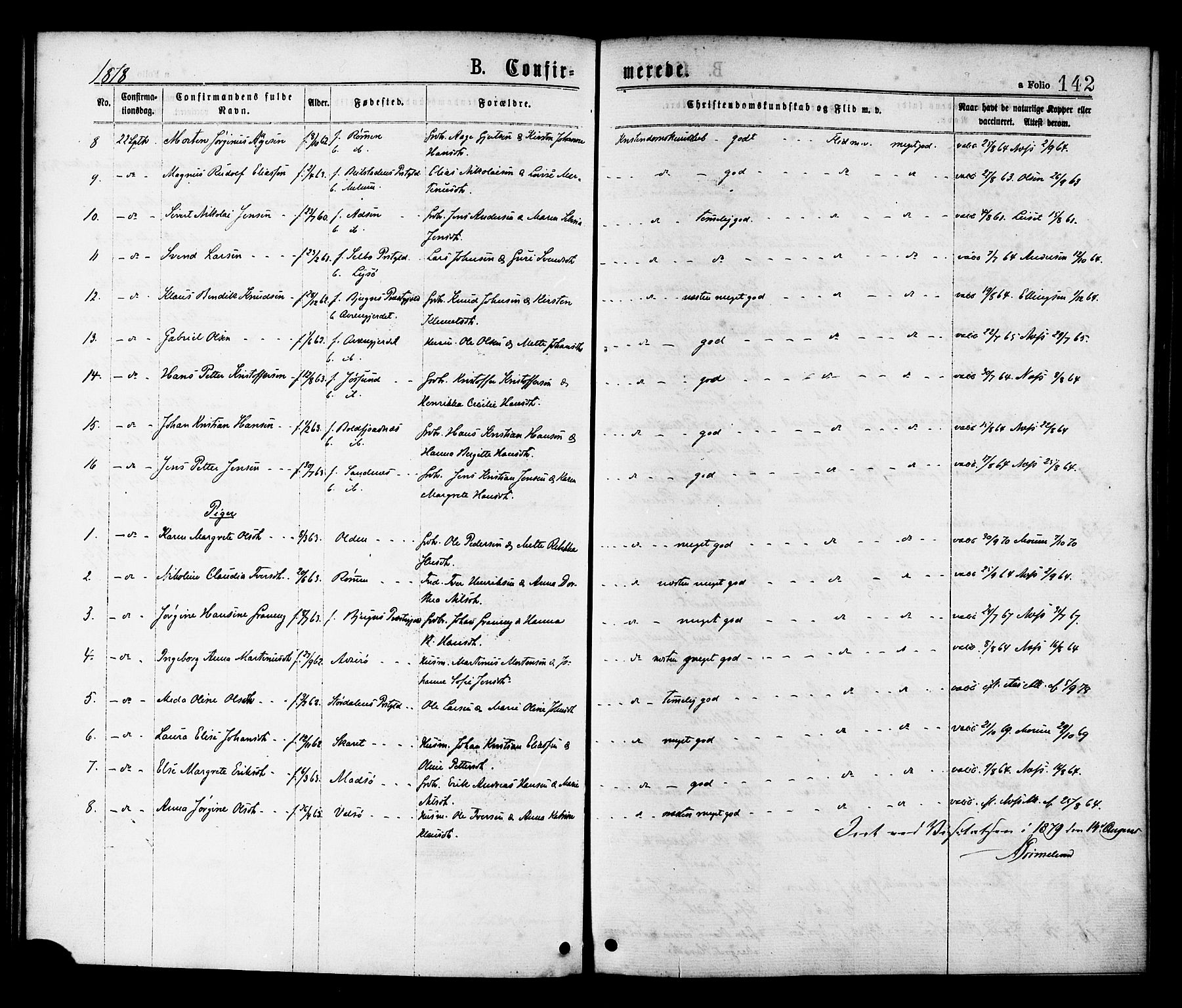 Ministerialprotokoller, klokkerbøker og fødselsregistre - Sør-Trøndelag, SAT/A-1456/655/L0679: Ministerialbok nr. 655A08, 1873-1879, s. 142