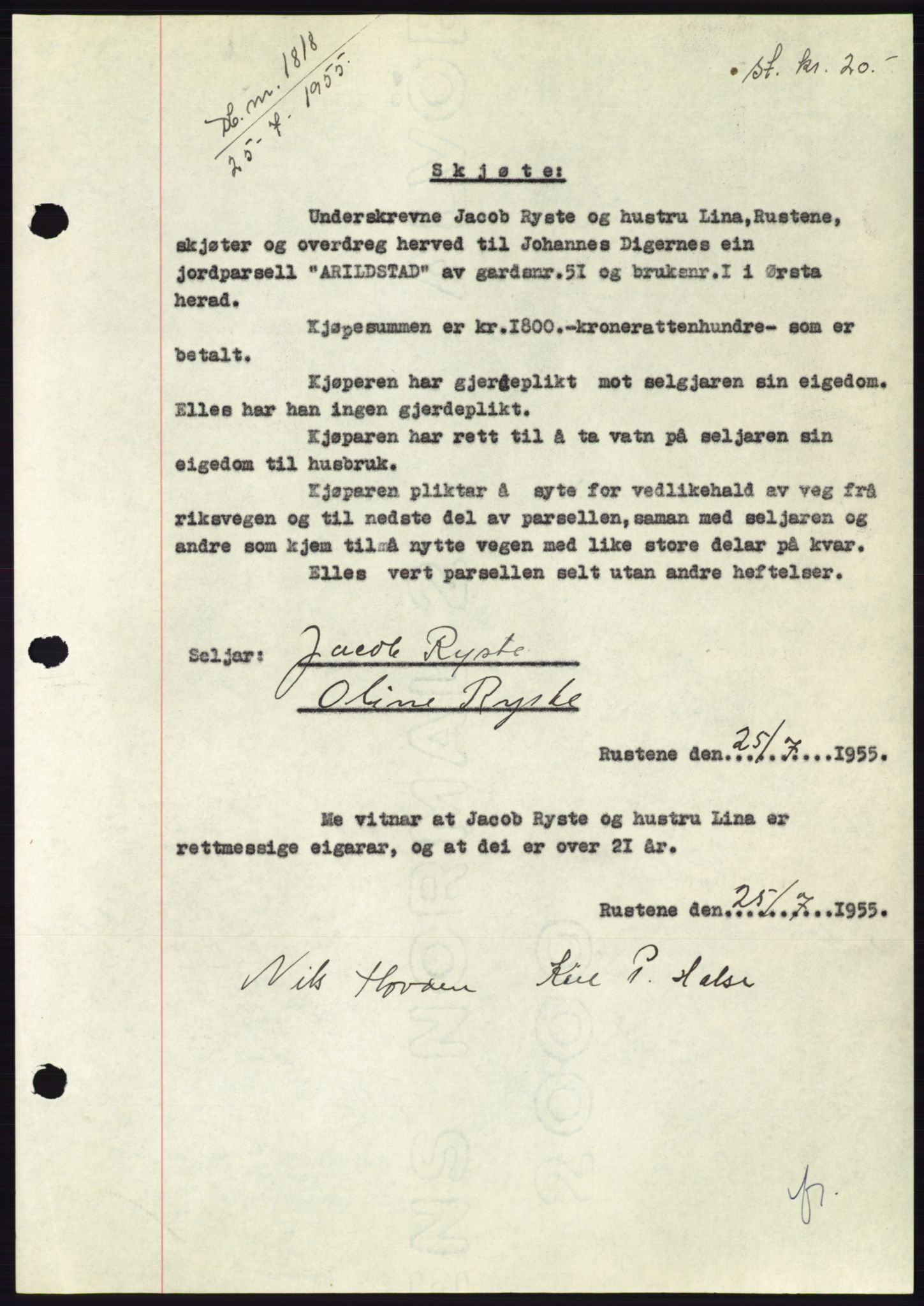 Søre Sunnmøre sorenskriveri, AV/SAT-A-4122/1/2/2C/L0101: Pantebok nr. 27A, 1955-1955, Dagboknr: 1818/1955