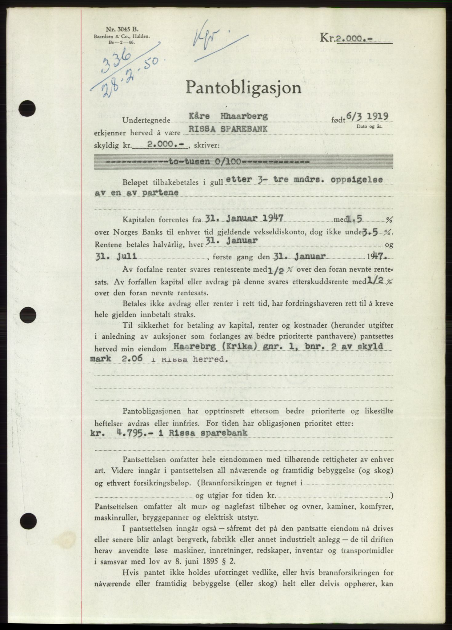 Fosen sorenskriveri, AV/SAT-A-1107/1/2/2C: Pantebok nr. B, 1948-1950, Dagboknr: 336/1950