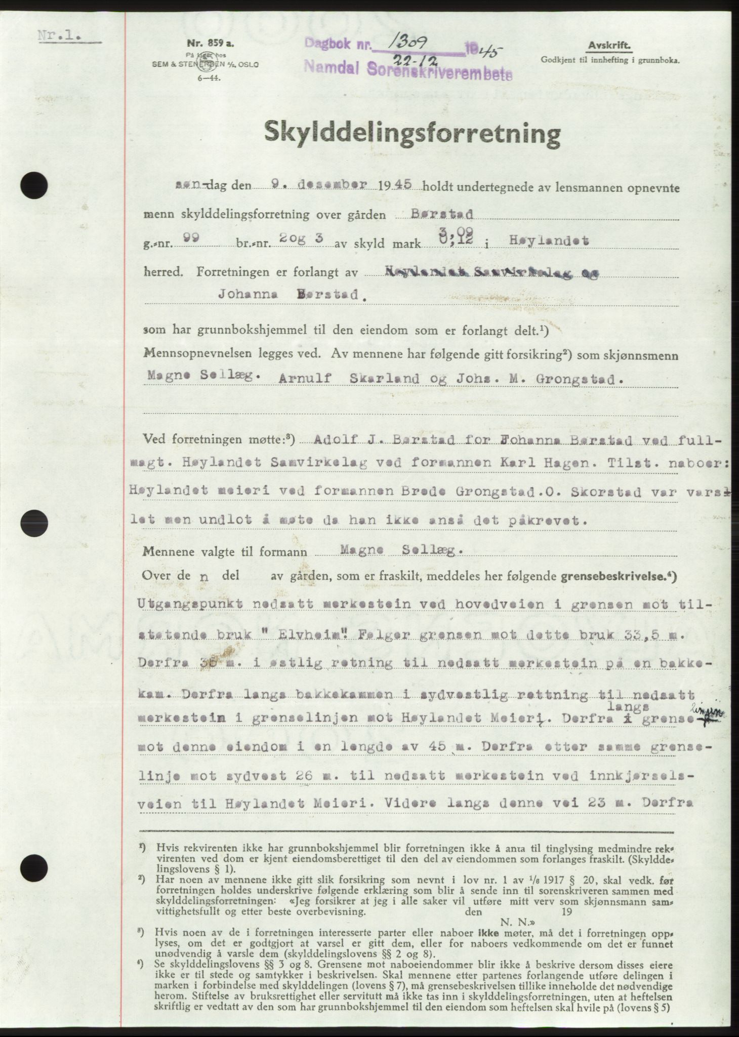 Namdal sorenskriveri, SAT/A-4133/1/2/2C: Pantebok nr. -, 1944-1945, Dagboknr: 1309/1945