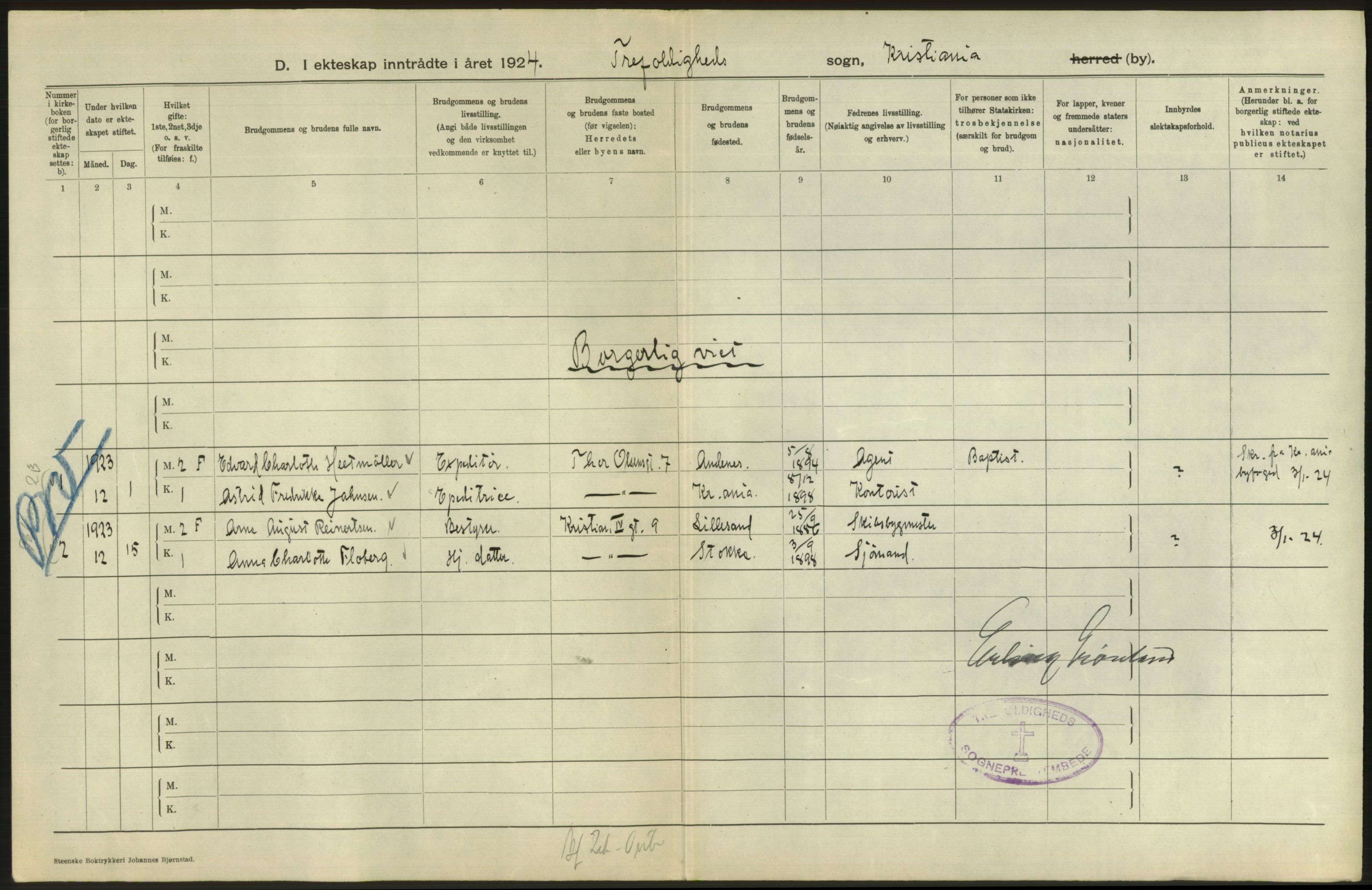 Statistisk sentralbyrå, Sosiodemografiske emner, Befolkning, AV/RA-S-2228/D/Df/Dfc/Dfcd/L0007: Kristiania: Gifte, 1924, s. 8