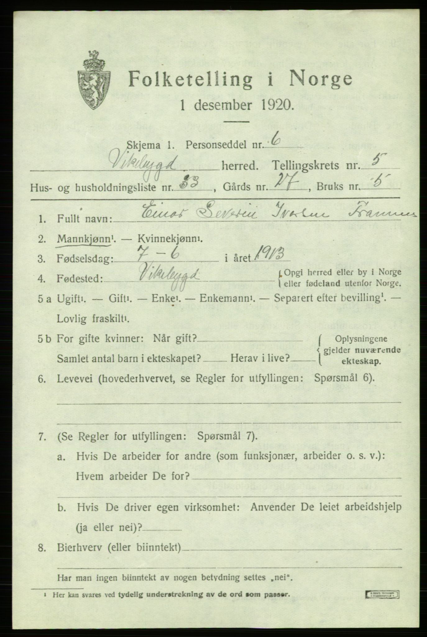 SAB, Folketelling 1920 for 1215 Vikebygd herred, 1920, s. 2067