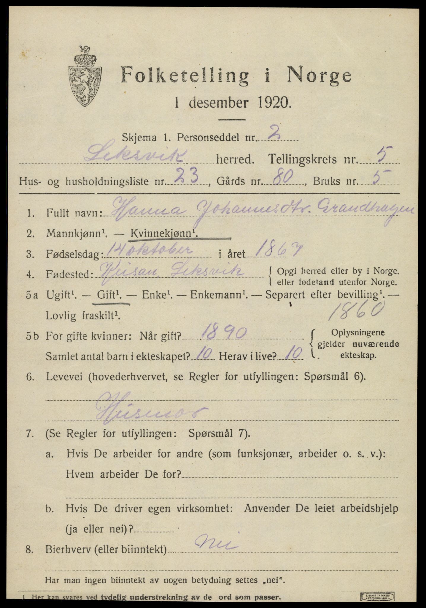 SAT, Folketelling 1920 for 1718 Leksvik herred, 1920, s. 5072