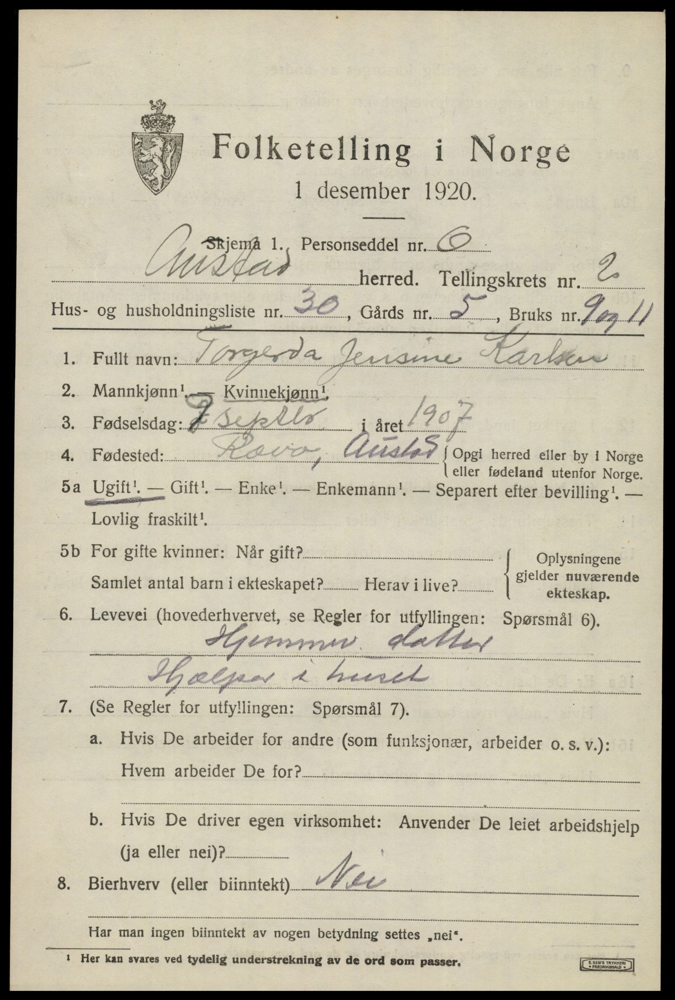 SAK, Folketelling 1920 for 1031 Austad herred, 1920, s. 1025