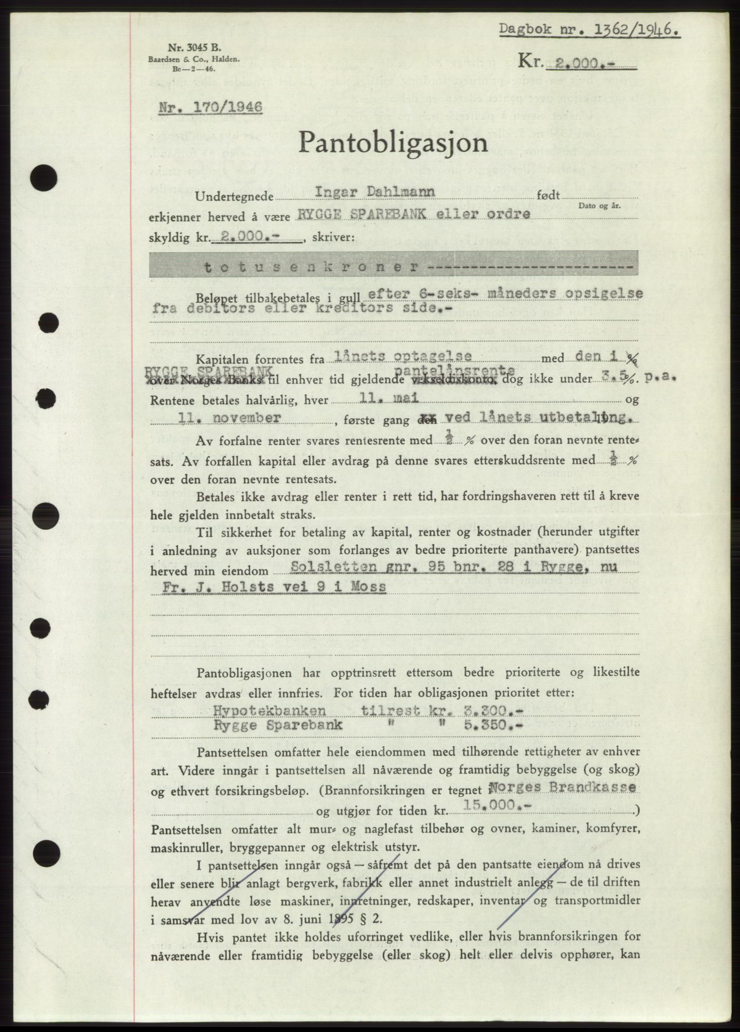 Moss sorenskriveri, SAO/A-10168: Pantebok nr. B15, 1946-1946, Dagboknr: 1362/1946