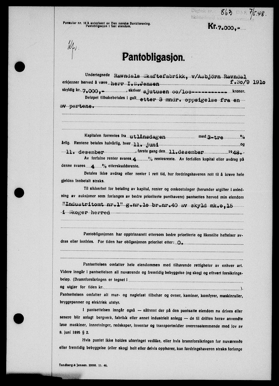 Holmestrand sorenskriveri, SAKO/A-67/G/Ga/Gab/L0058: Pantebok nr. B-58, 1947-1948, Dagboknr: 863/1948