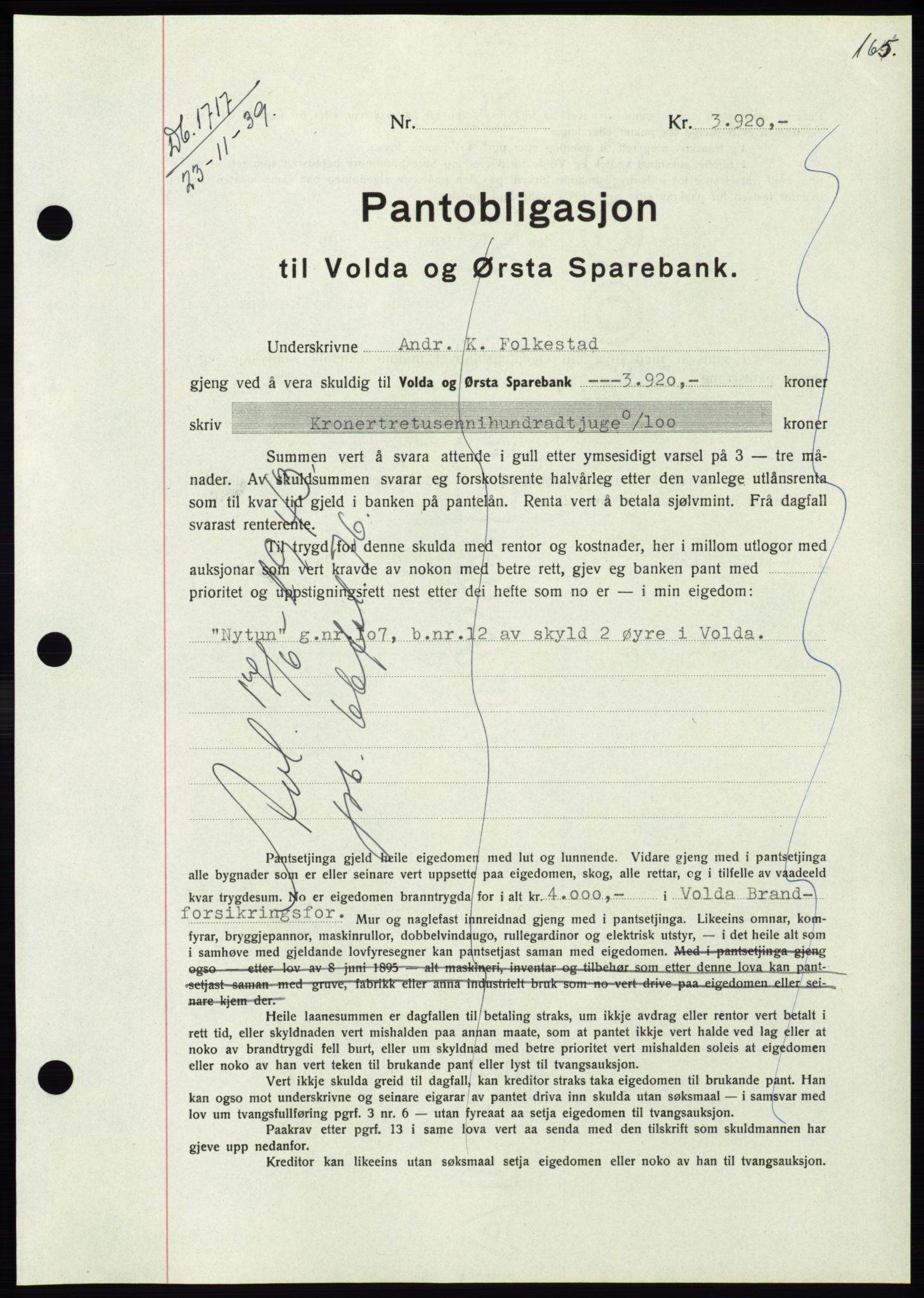 Søre Sunnmøre sorenskriveri, SAT/A-4122/1/2/2C/L0069: Pantebok nr. 63, 1939-1940, Dagboknr: 1717/1939