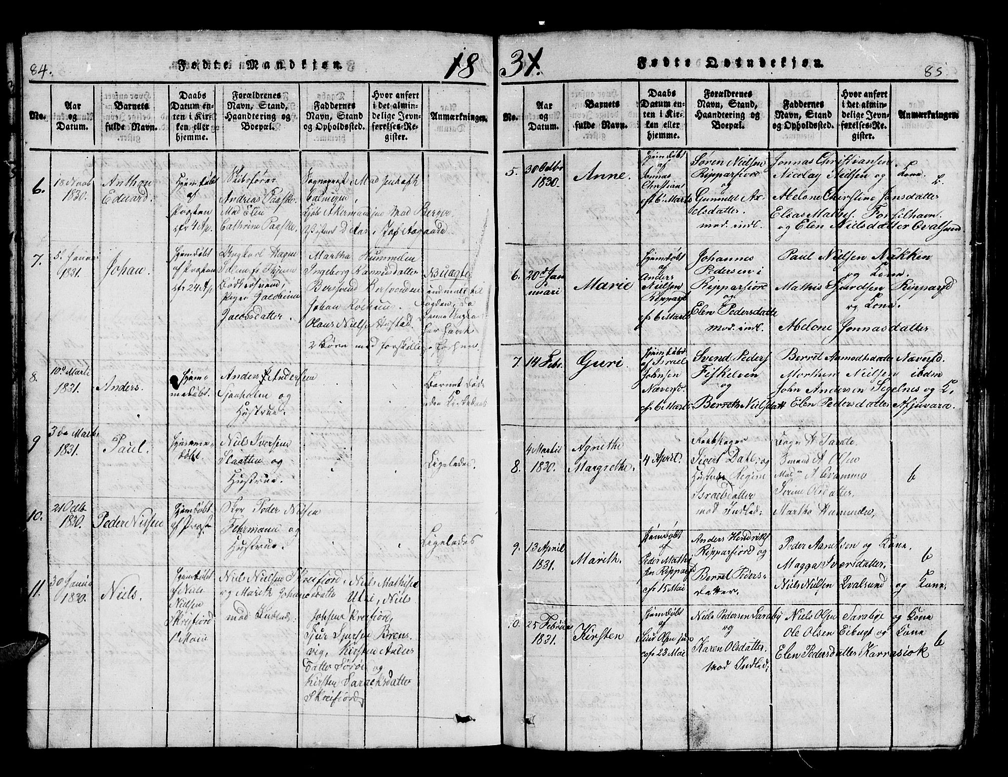 Hammerfest sokneprestkontor, AV/SATØ-S-1347/H/Hb/L0001.klokk: Klokkerbok nr. 1, 1822-1850, s. 84-85