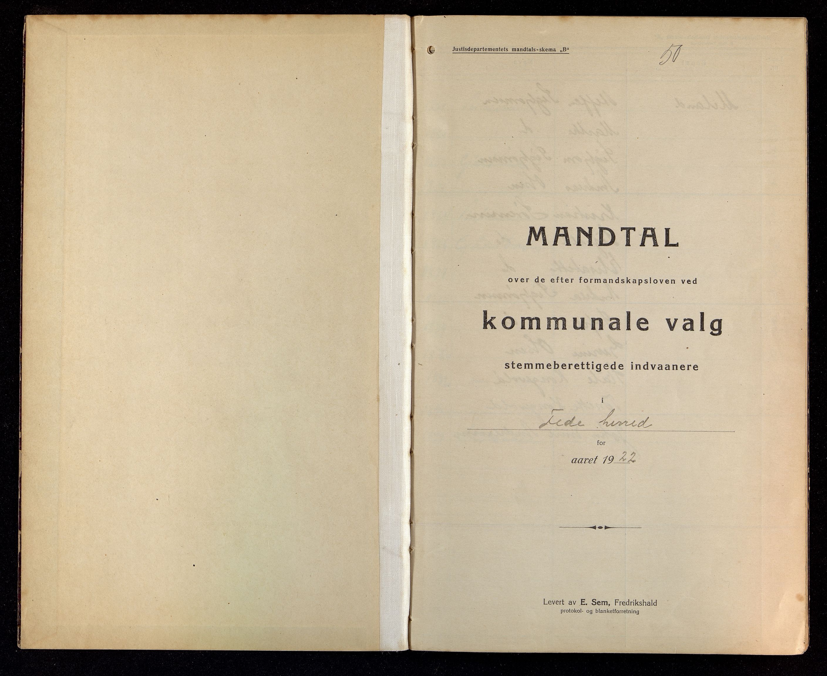 Feda kommune - Valgstyret, ARKSOR/1037FE110/F/L0007: Kommunalt manntall fra 1922 for Feda kommune., 1922