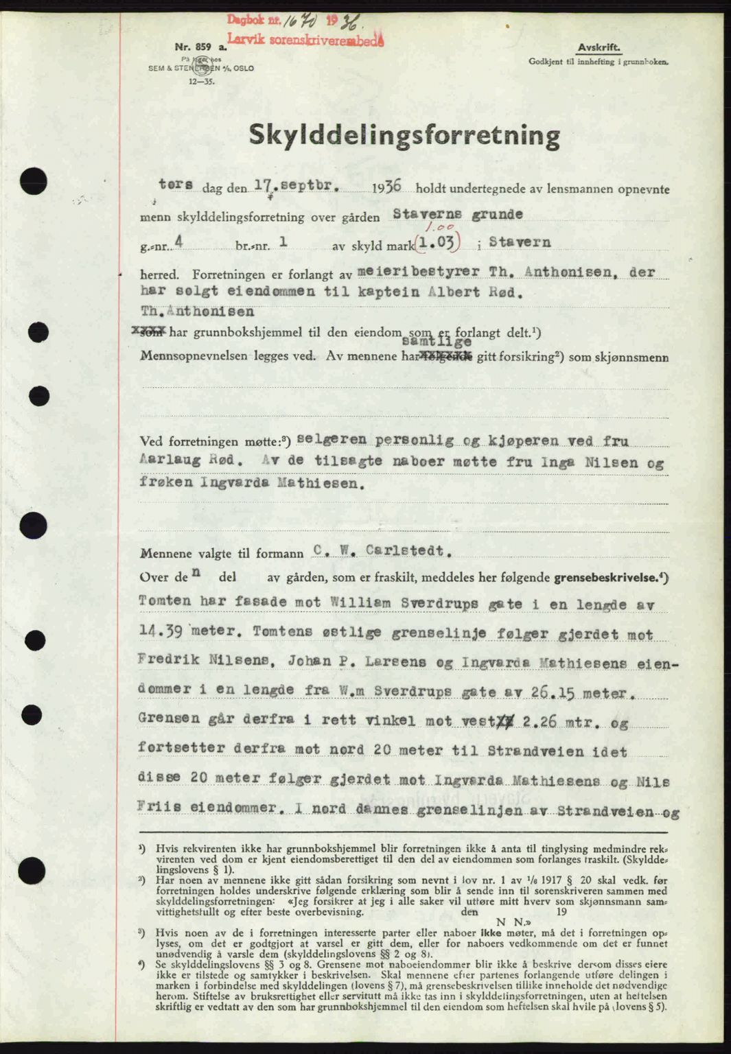 Larvik sorenskriveri, SAKO/A-83/G/Ga/Gab/L0067: Pantebok nr. A-1, 1936-1937, Dagboknr: 1670/1936
