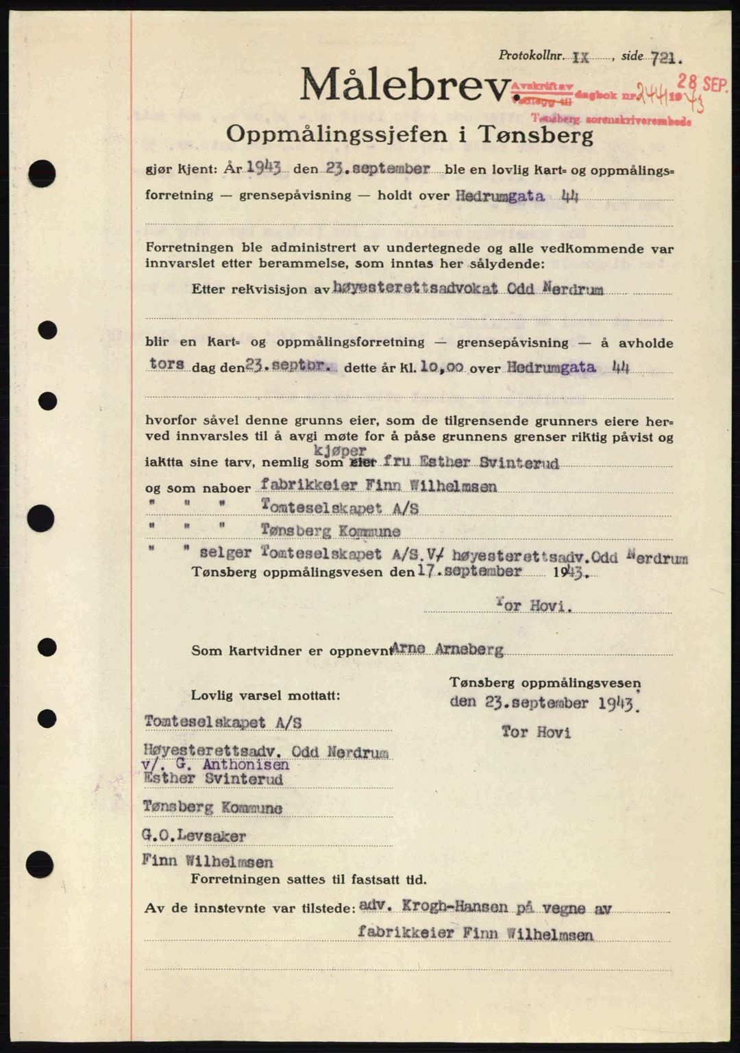 Tønsberg sorenskriveri, AV/SAKO-A-130/G/Ga/Gaa/L0014: Pantebok nr. A14, 1943-1944, Dagboknr: 2441/1943