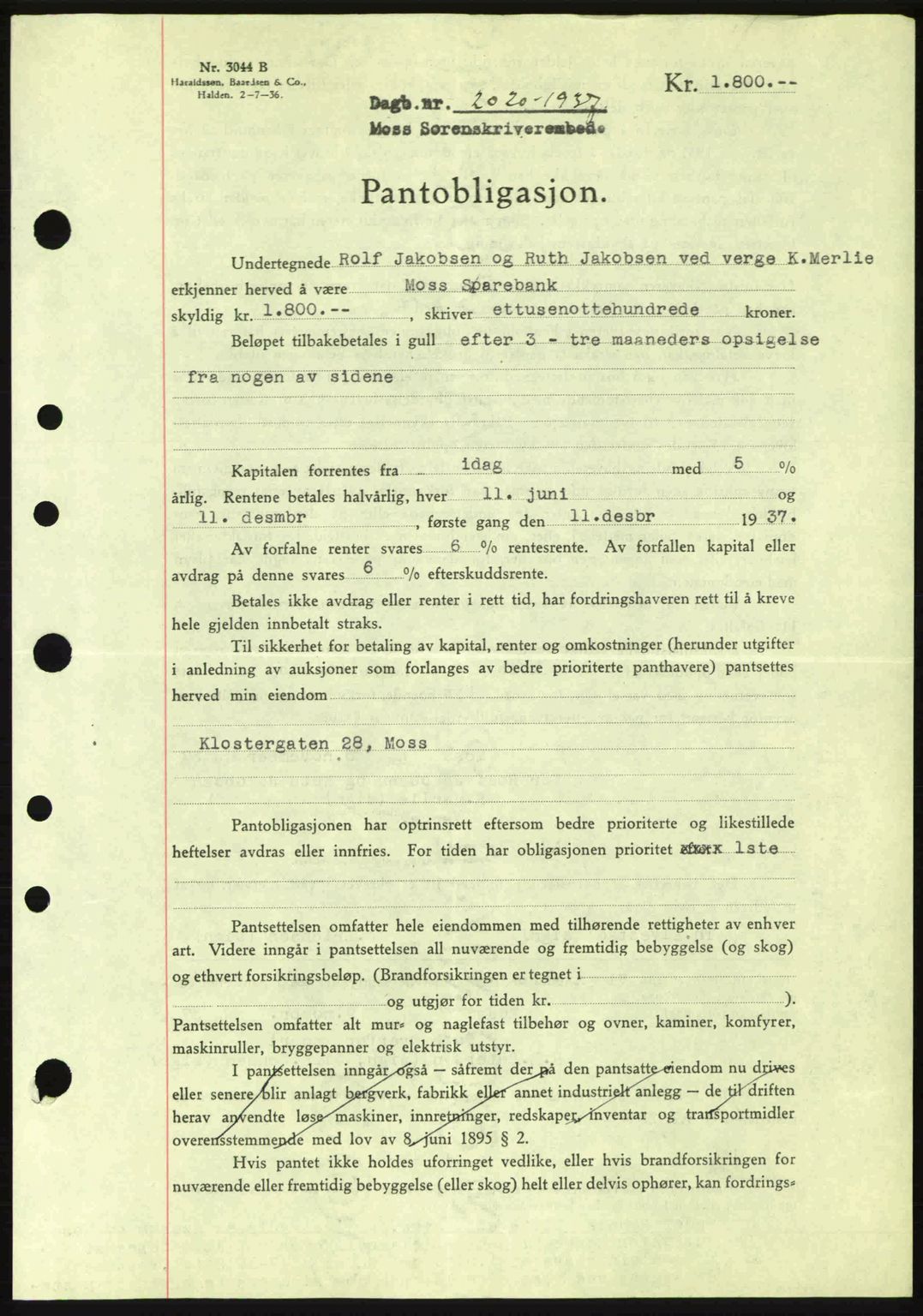 Moss sorenskriveri, SAO/A-10168: Pantebok nr. B4, 1937-1938, Dagboknr: 2020/1937
