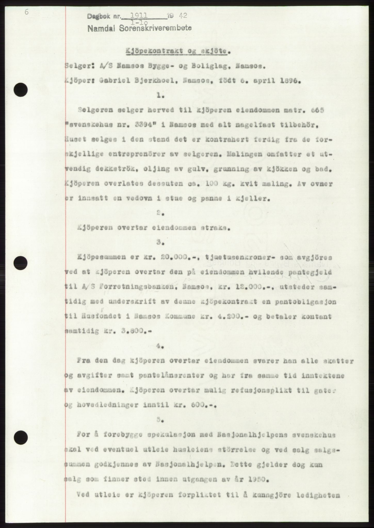 Namdal sorenskriveri, SAT/A-4133/1/2/2C: Pantebok nr. -, 1942-1943, Dagboknr: 1911/1942