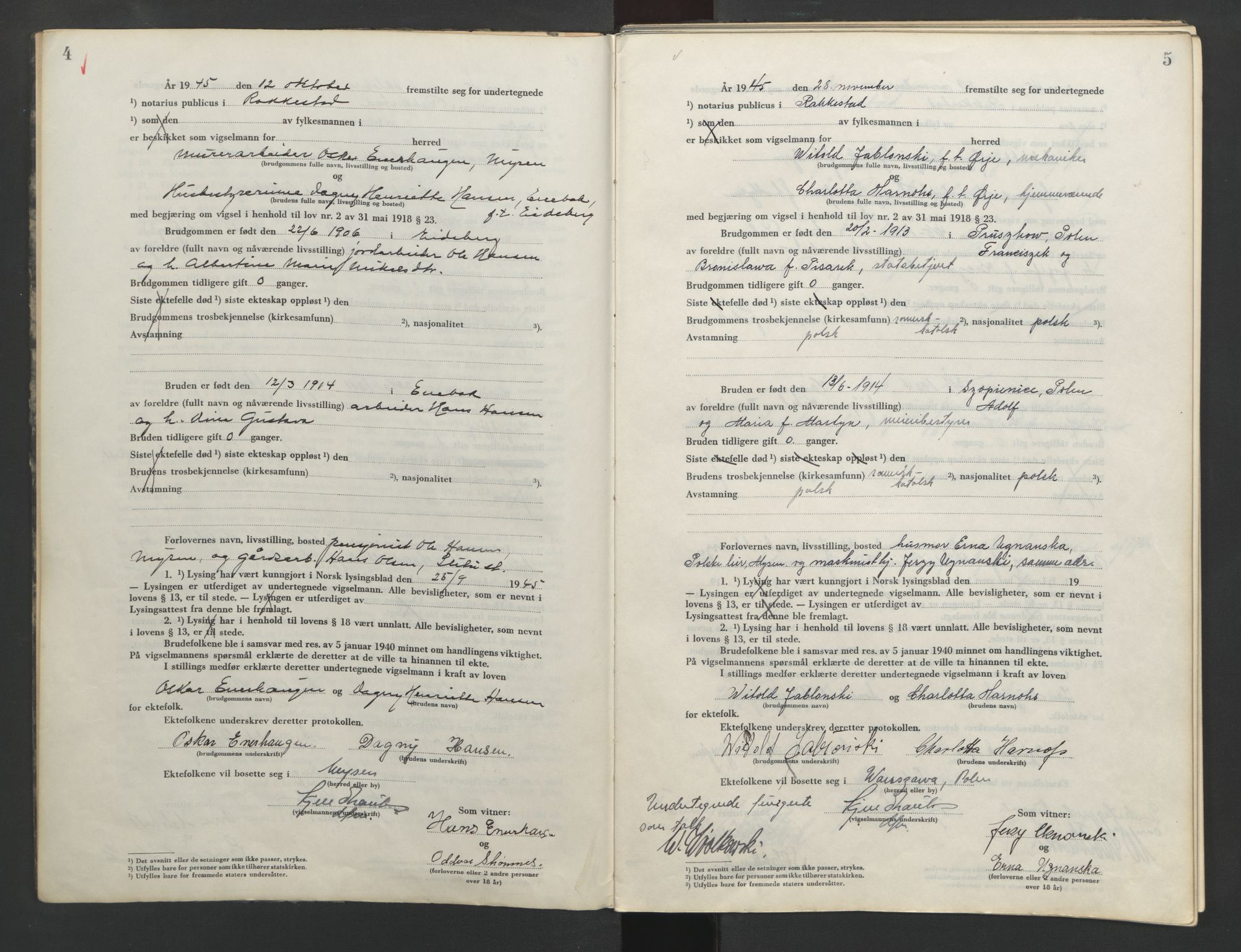 Rakkestad sorenskriveri, AV/SAO-A-10686/L/Lc/Lca/L0005: Vigselbøker, 1945-1951, s. 4-5