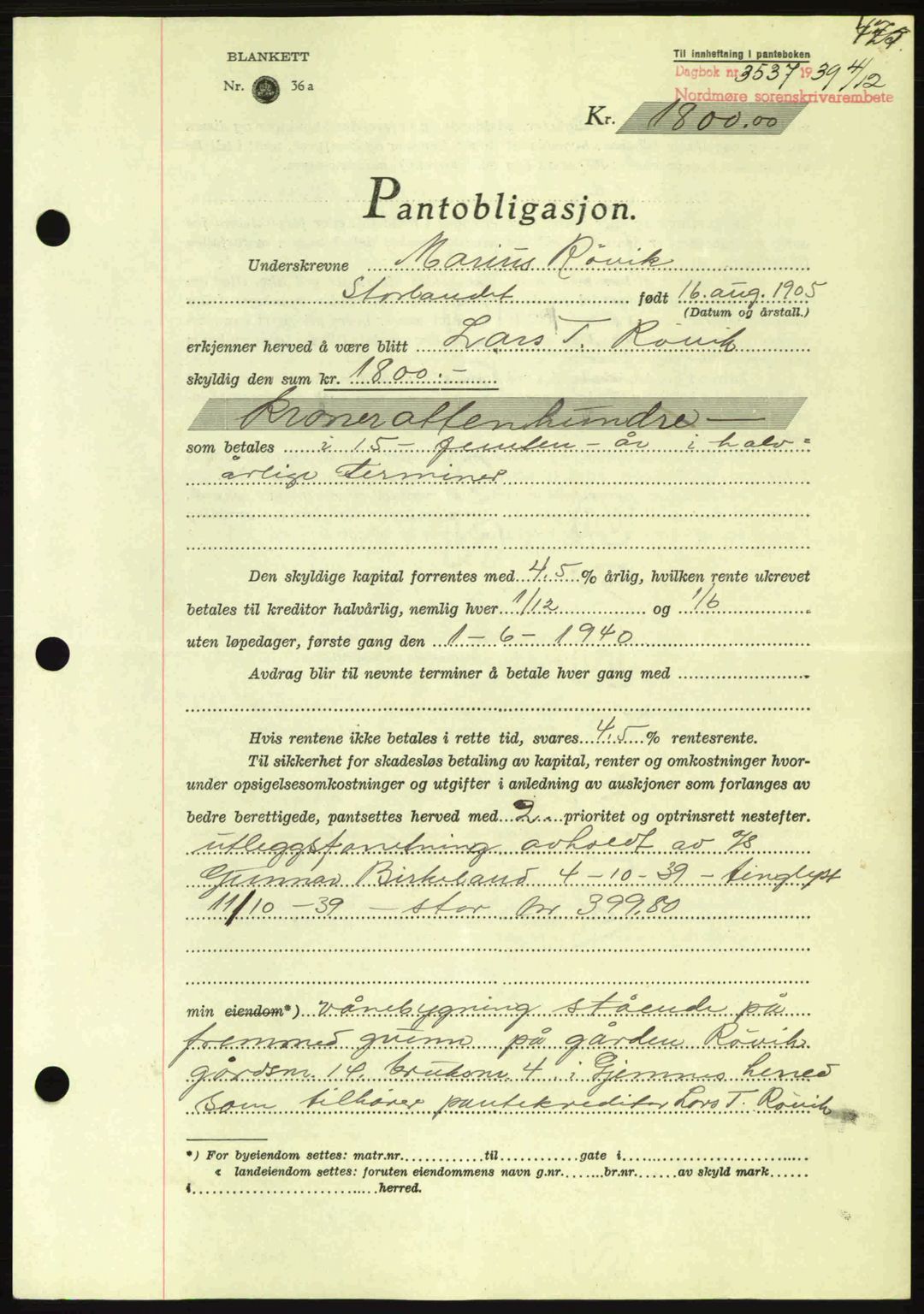 Nordmøre sorenskriveri, AV/SAT-A-4132/1/2/2Ca: Pantebok nr. B86, 1939-1940, Dagboknr: 3537/1939