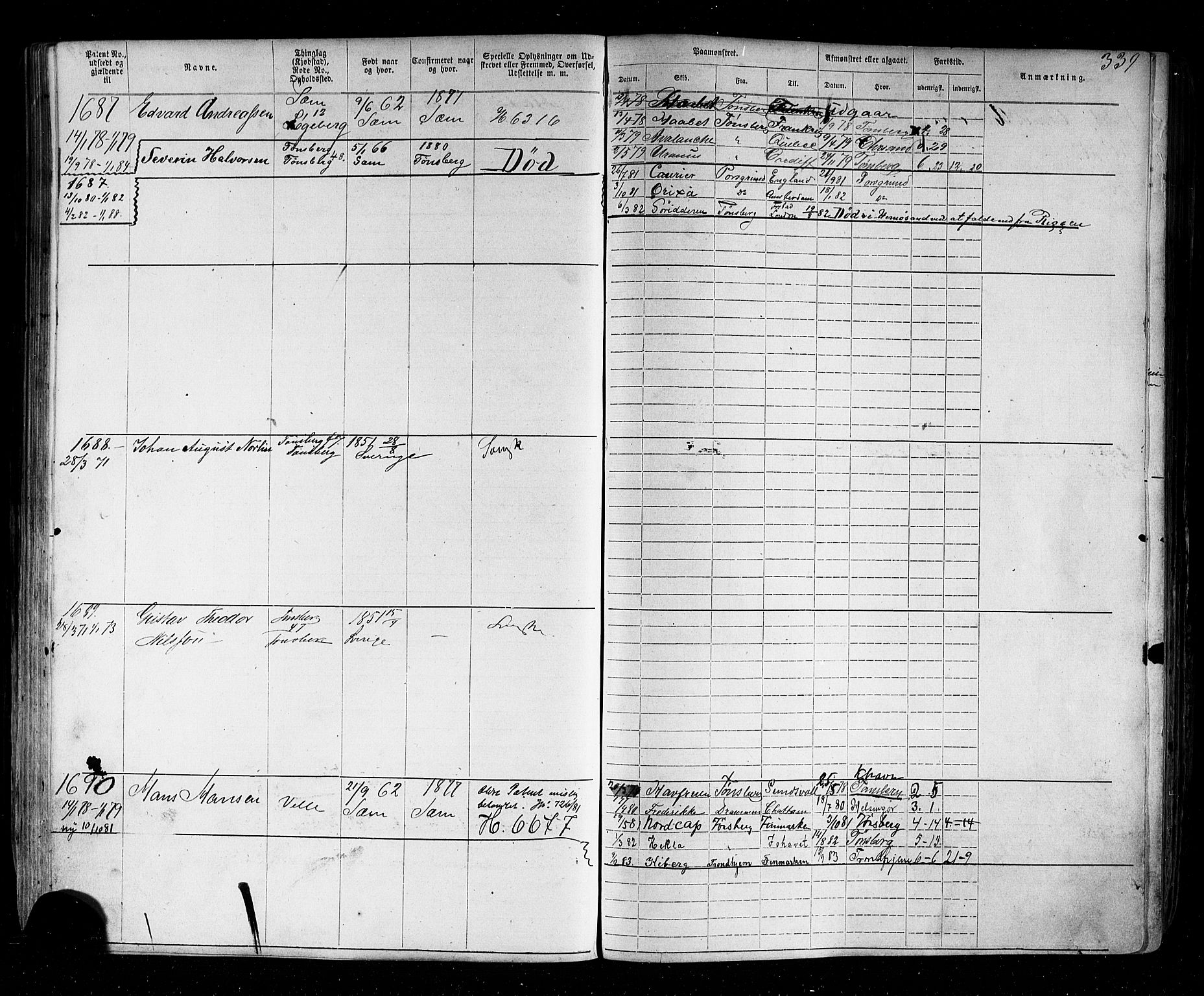 Tønsberg innrulleringskontor, AV/SAKO-A-786/F/Fb/L0002: Annotasjonsrulle Patent nr. 1-2635, 1869-1877, s. 376