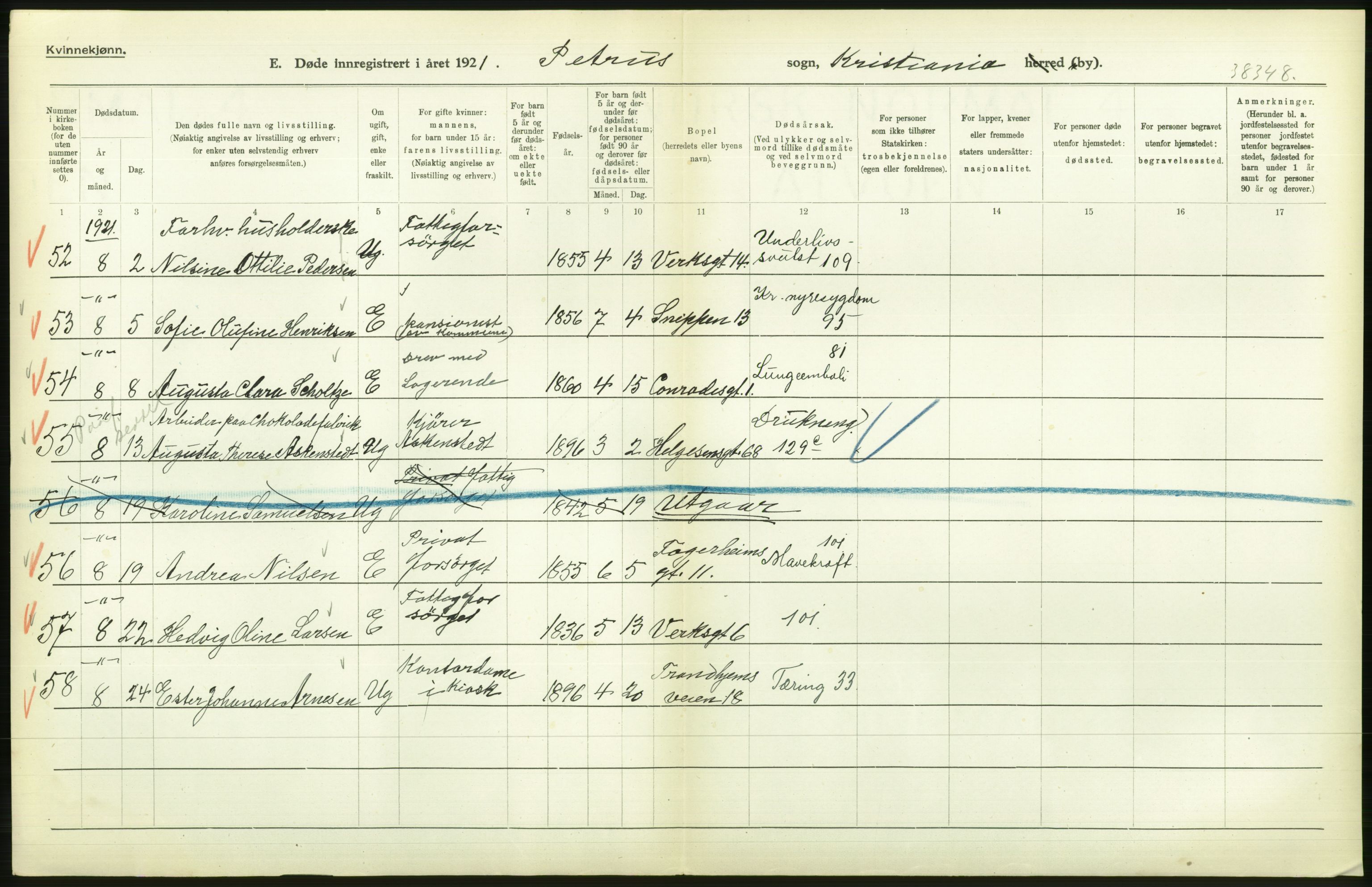 Statistisk sentralbyrå, Sosiodemografiske emner, Befolkning, AV/RA-S-2228/D/Df/Dfc/Dfca/L0012: Kristiania: Døde, 1921, s. 274