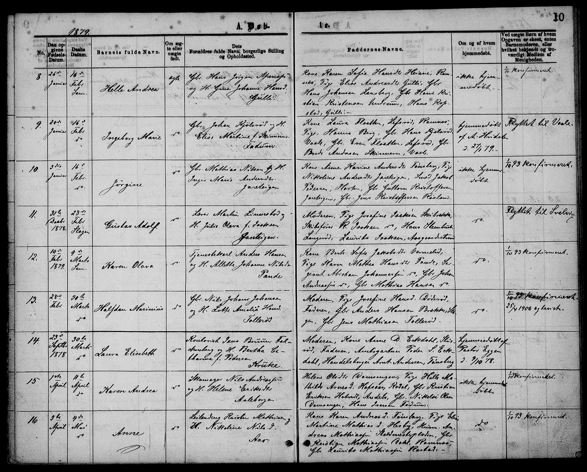 Sem kirkebøker, AV/SAKO-A-5/G/Ga/L0005: Klokkerbok nr. I 5, 1877-1889, s. 10