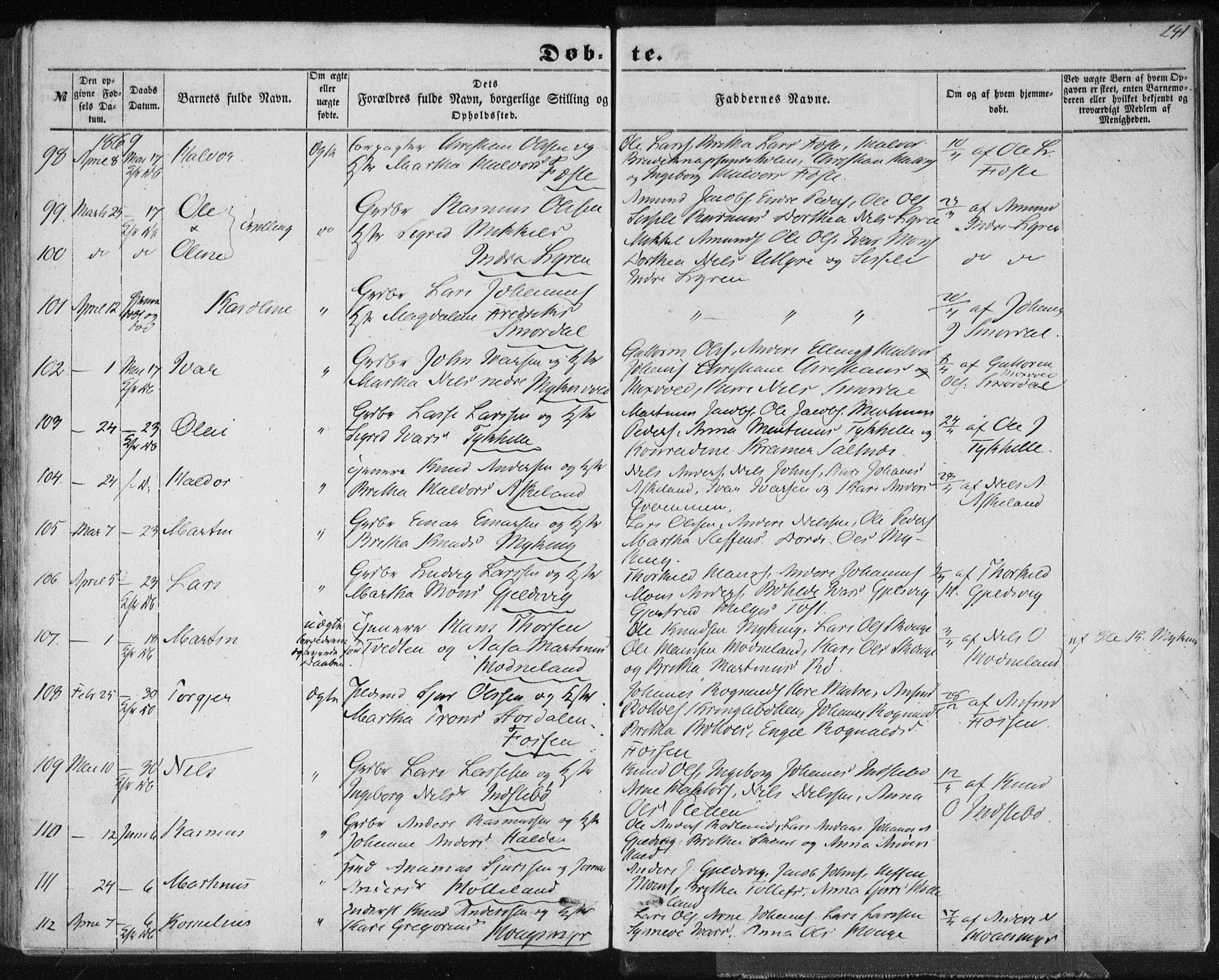 Lindås Sokneprestembete, AV/SAB-A-76701/H/Haa/Haaa/L0011: Ministerialbok nr. A 11, 1854-1869, s. 241