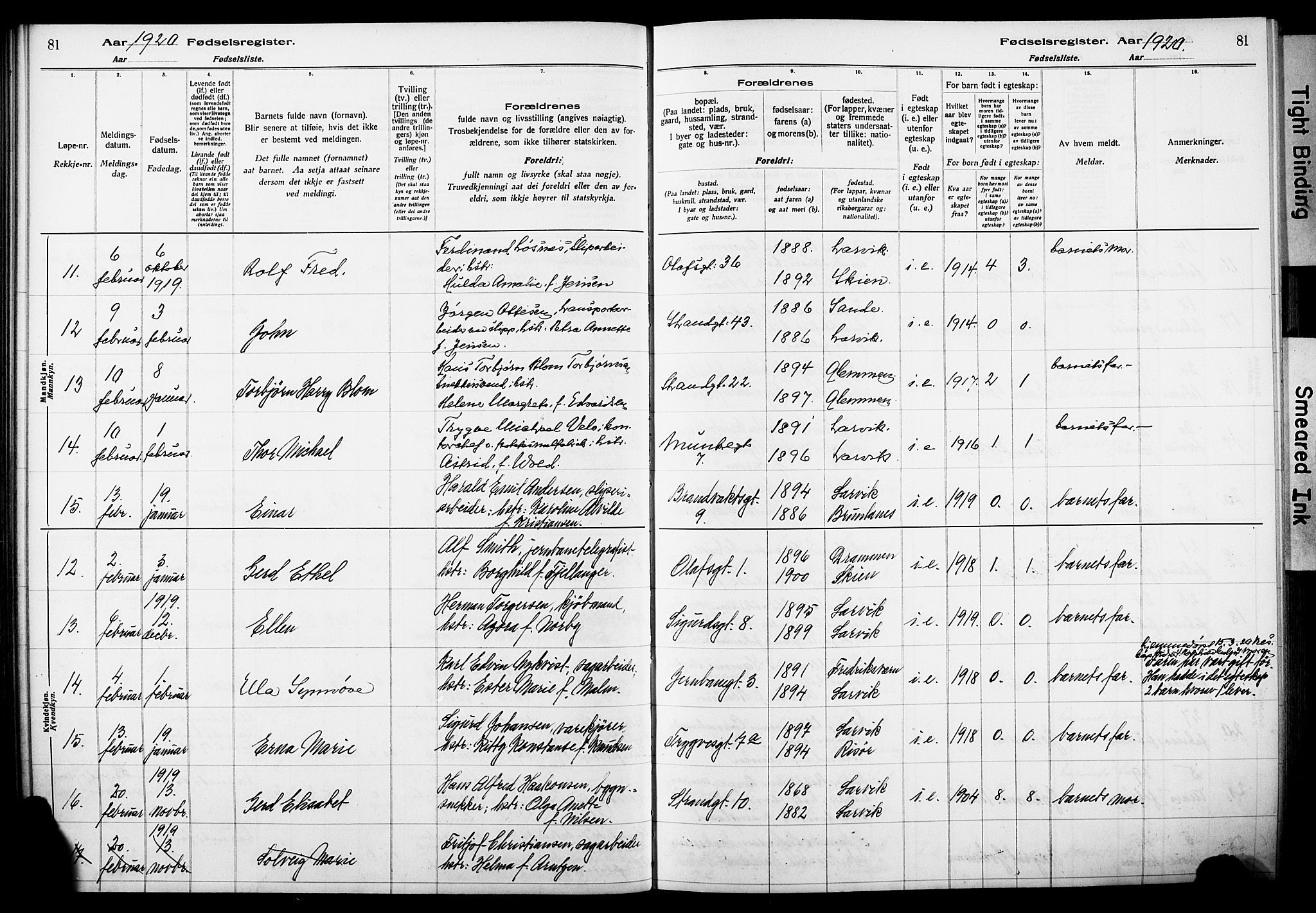 Larvik kirkebøker, AV/SAKO-A-352/J/Ja/L0001: Fødselsregister nr. I 1, 1916-1926, s. 81