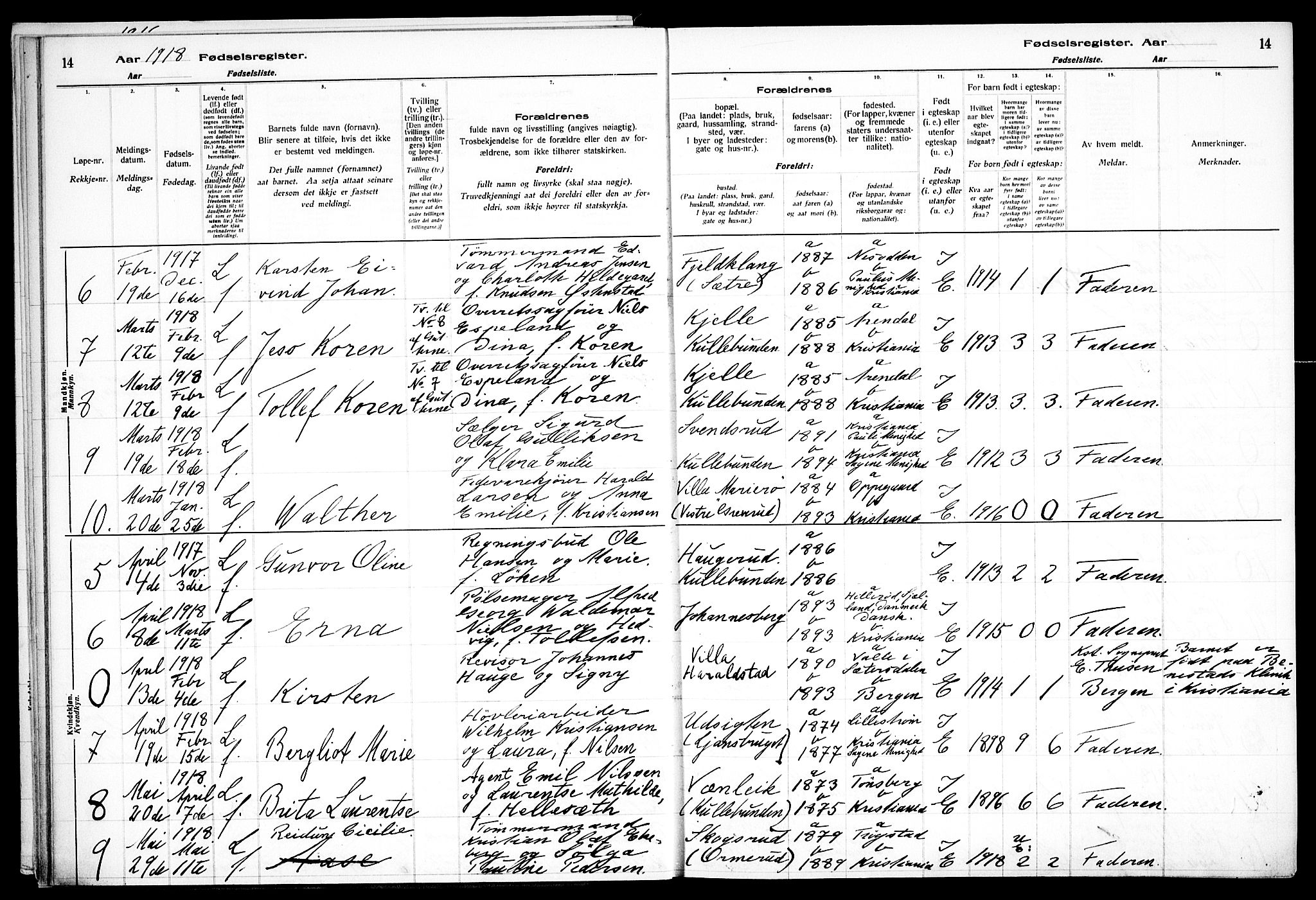 Nesodden prestekontor Kirkebøker, AV/SAO-A-10013/J/Jb/L0001: Fødselsregister nr. II 1, 1916-1933, s. 14