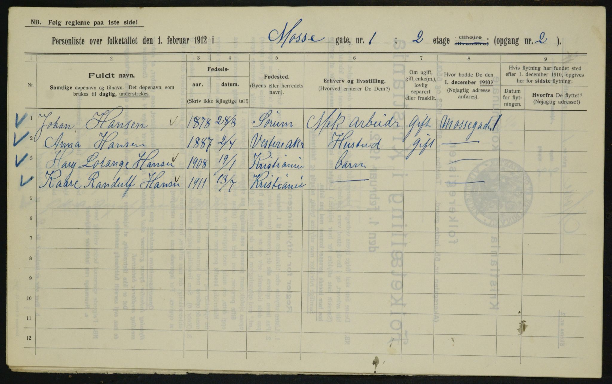 OBA, Kommunal folketelling 1.2.1912 for Kristiania, 1912, s. 66166