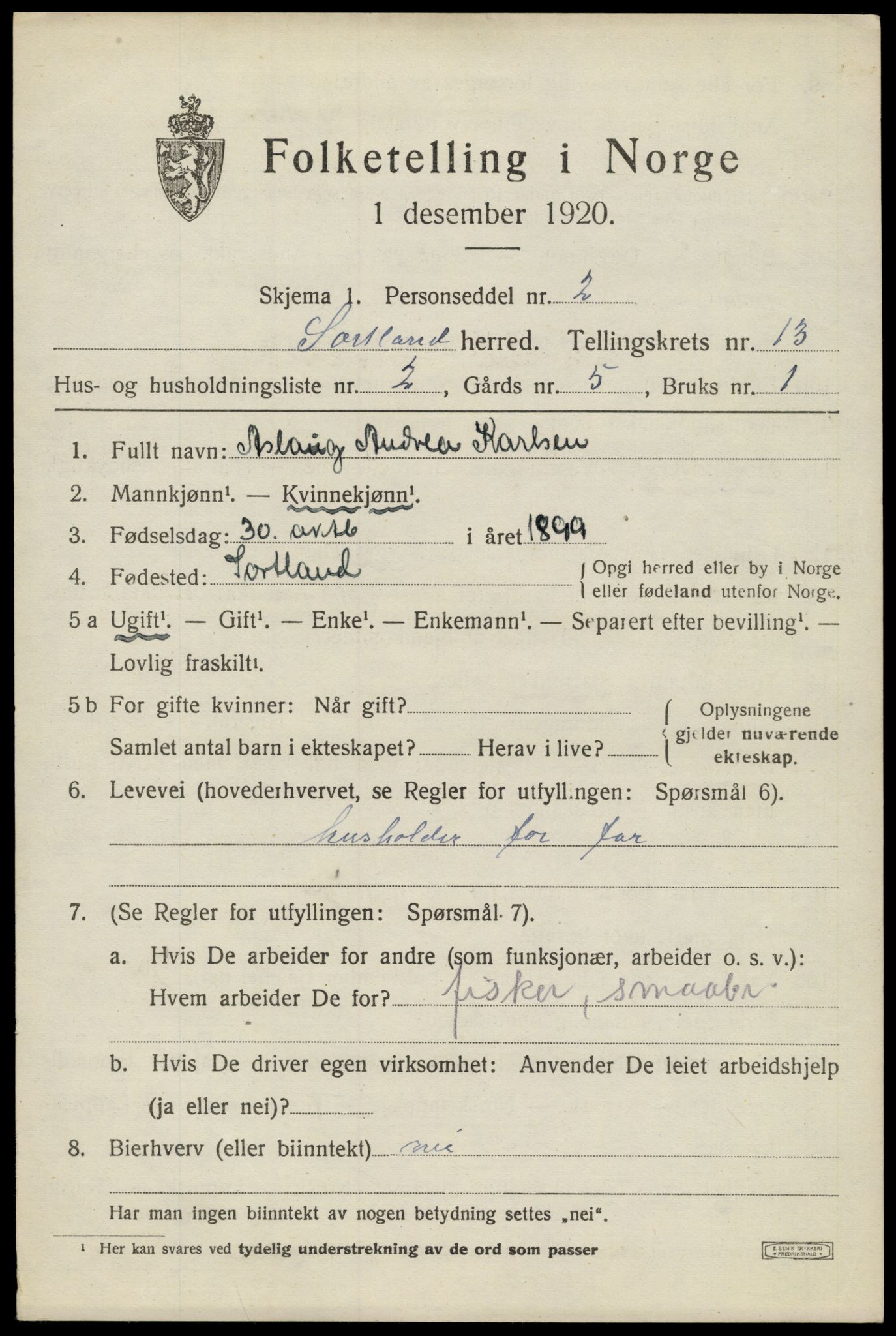 SAT, Folketelling 1920 for 1870 Sortland herred, 1920, s. 10420