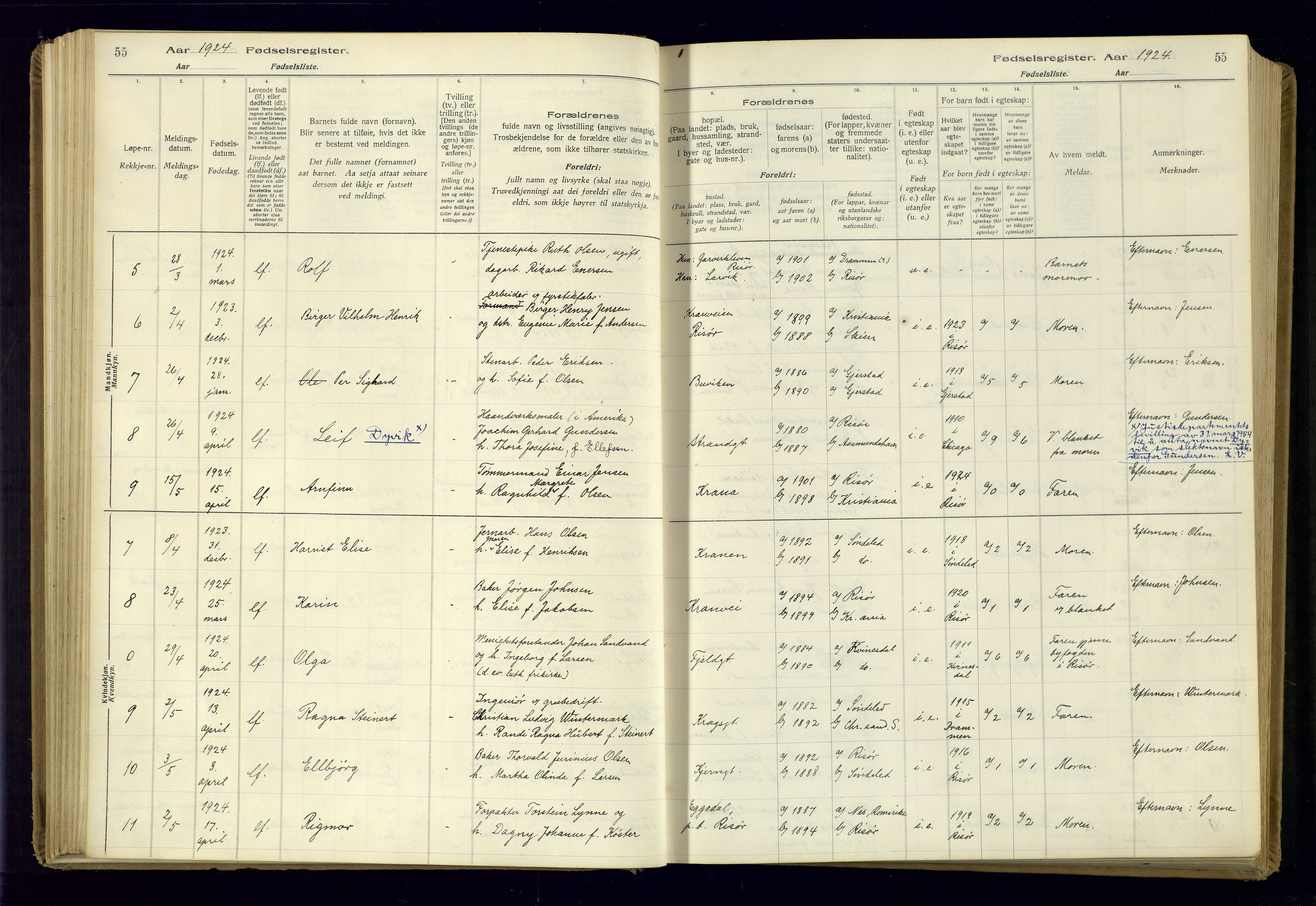 Risør sokneprestkontor, AV/SAK-1111-0035/J/Ja/L0001: Fødselsregister nr. A-VI-13, 1916-1947, s. 55