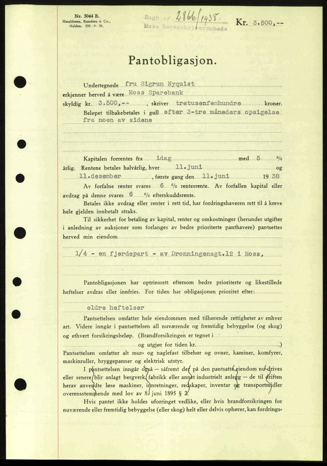 Moss sorenskriveri, SAO/A-10168: Pantebok nr. B6, 1938-1938, Dagboknr: 2866/1938