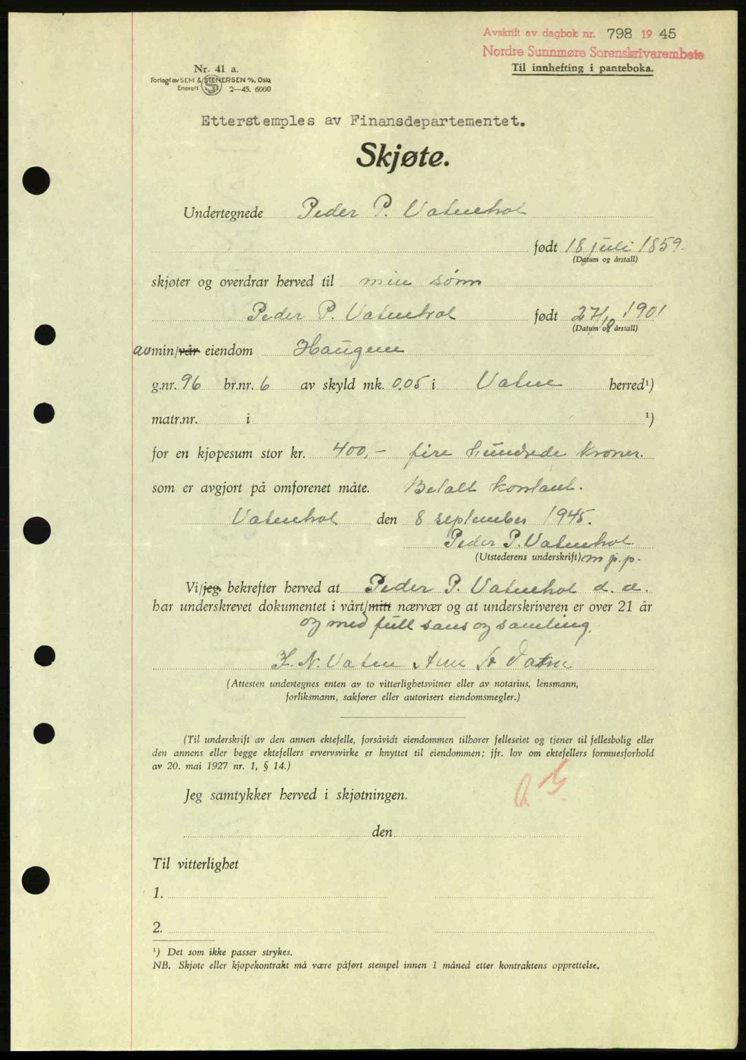 Nordre Sunnmøre sorenskriveri, SAT/A-0006/1/2/2C/2Ca: Pantebok nr. A20a, 1945-1945, Dagboknr: 798/1945