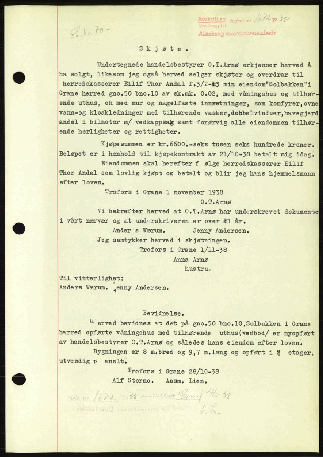 Alstahaug sorenskriveri, SAT/A-1009: Pantebok nr. A3, 1937-1938, Dagboknr: 1672/1938