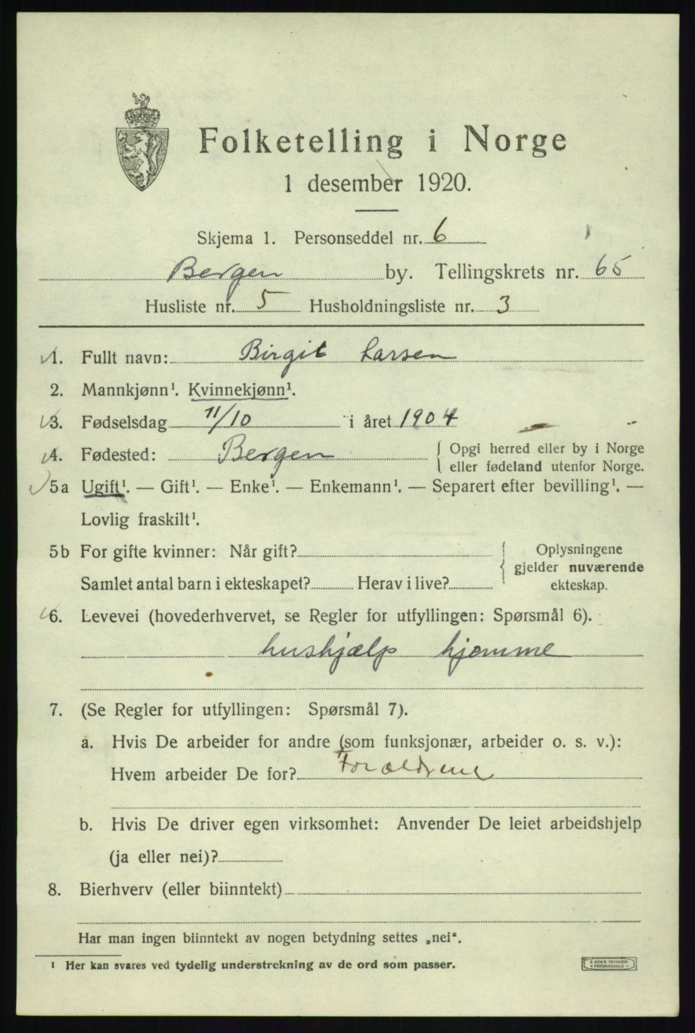 SAB, Folketelling 1920 for 1301 Bergen kjøpstad, 1920, s. 133384