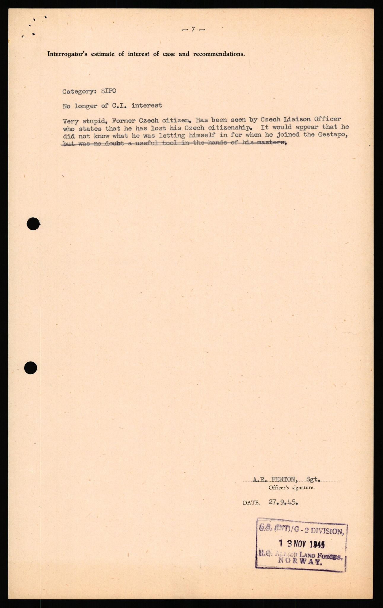 Forsvaret, Forsvarets overkommando II, RA/RAFA-3915/D/Db/L0041: CI Questionaires.  Diverse nasjonaliteter., 1945-1946, s. 236