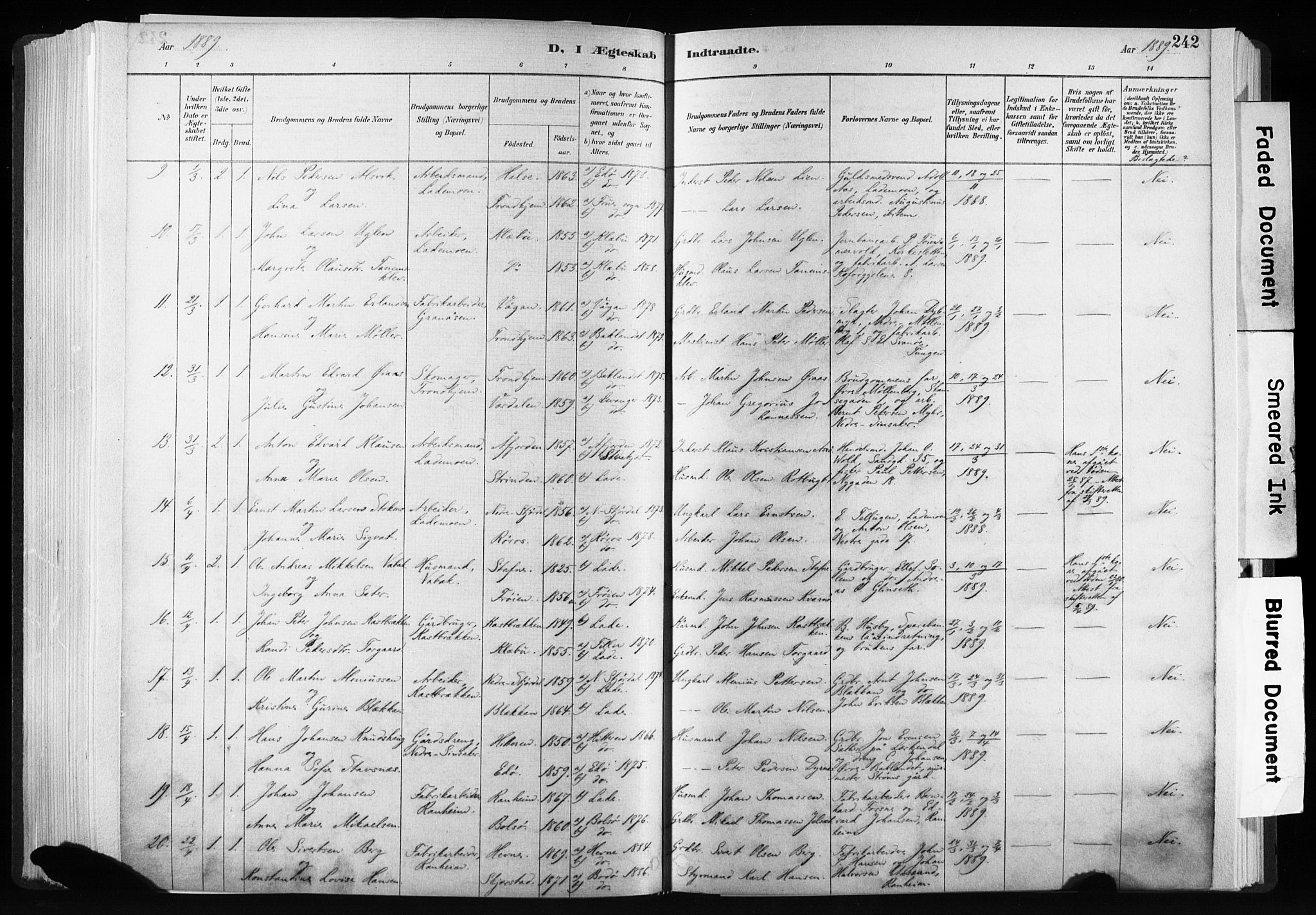 Ministerialprotokoller, klokkerbøker og fødselsregistre - Sør-Trøndelag, SAT/A-1456/606/L0300: Ministerialbok nr. 606A15, 1886-1893, s. 242