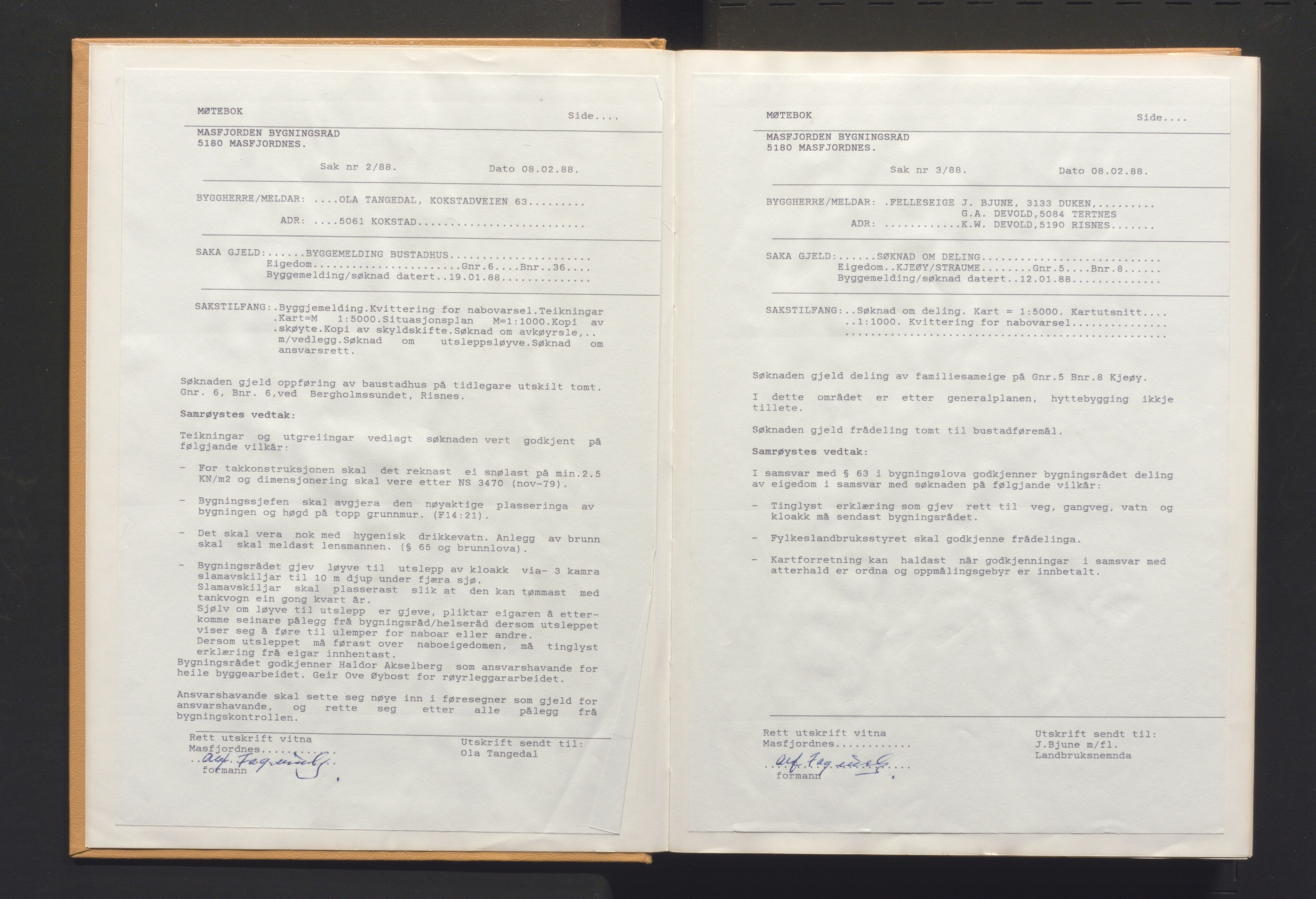 Masfjorden kommune. Bygningsrådet, IKAH/1266-511/A/Aa/L0013: Møtebok for Masfjorden bygningsråd, 1988
