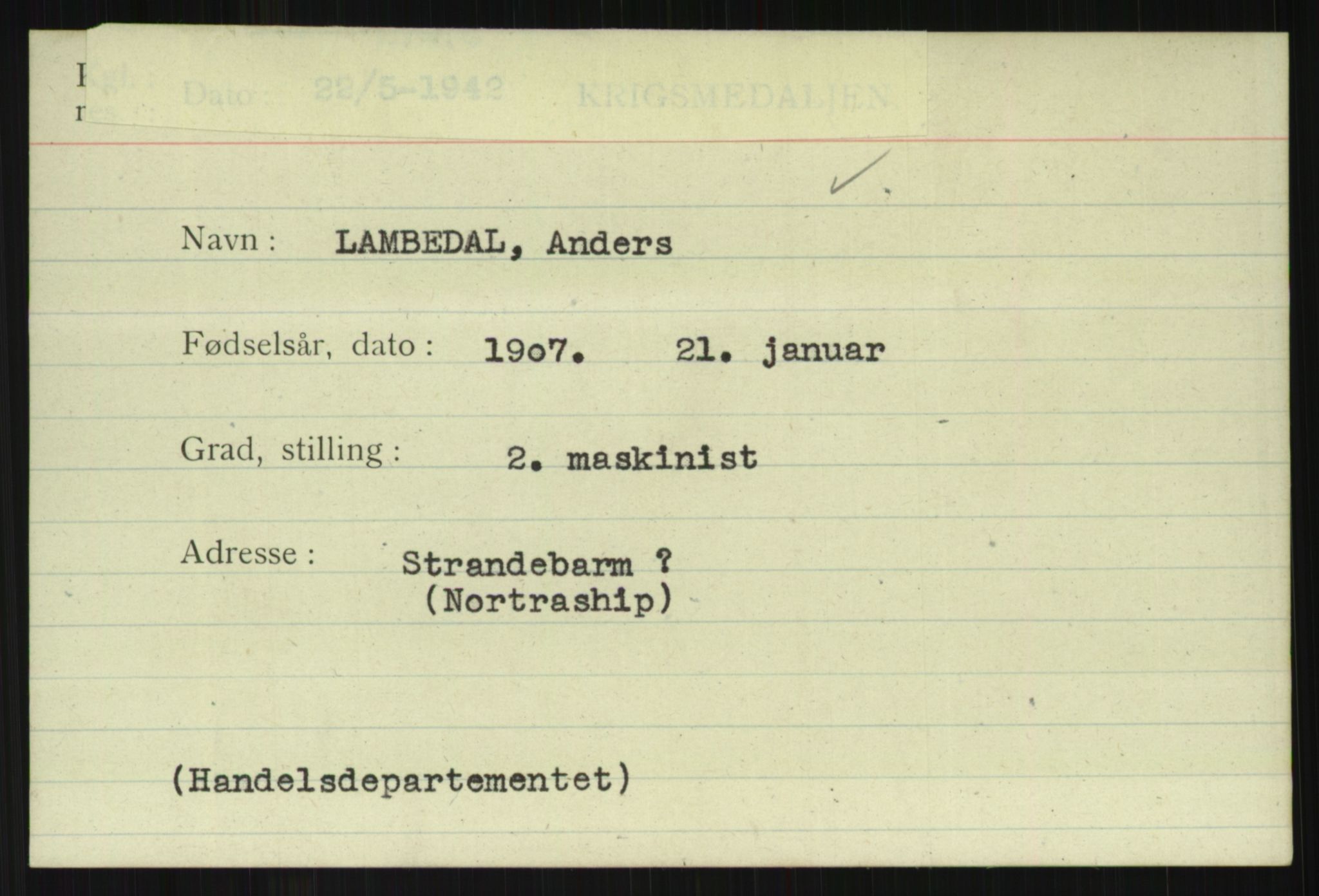 Direktoratet for sjømenn, AV/RA-S-3545/G/Gi/L0007: Kartotek over krigsdekorasjoner tildelt nordmenn under krigen, 1940-1945, s. 325