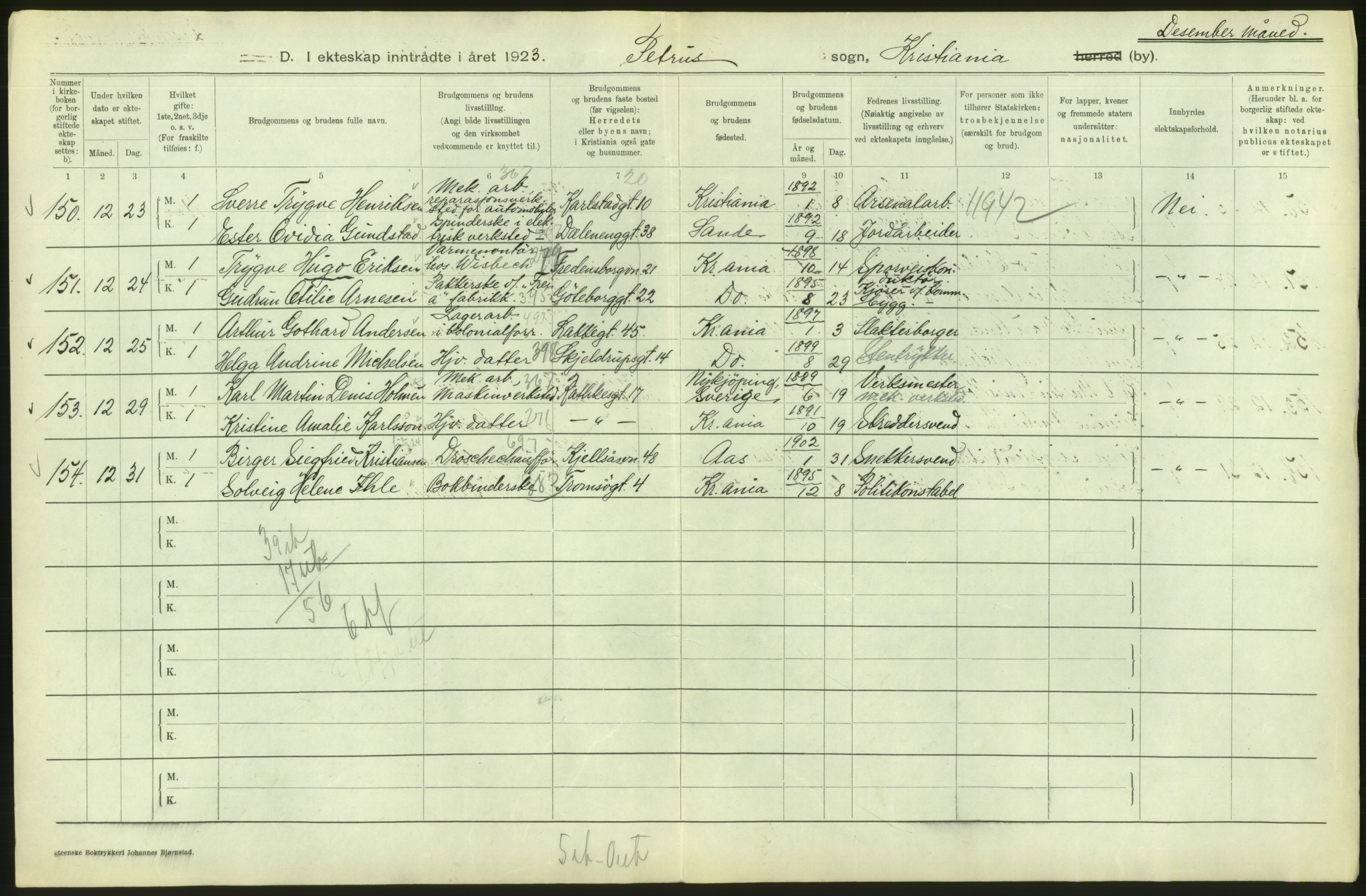 Statistisk sentralbyrå, Sosiodemografiske emner, Befolkning, RA/S-2228/D/Df/Dfc/Dfcc/L0008: Kristiania: Gifte, 1923, s. 156