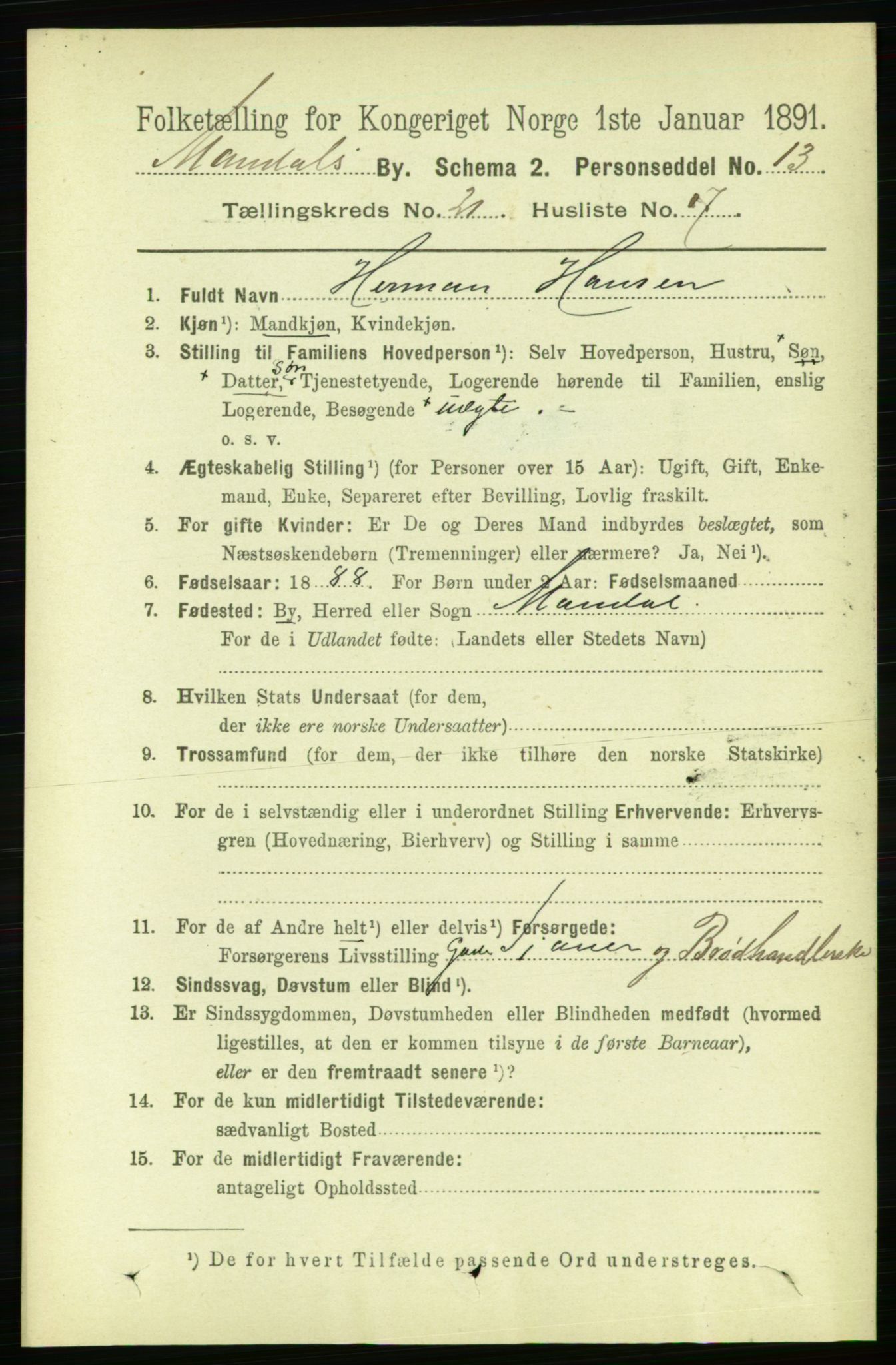 RA, Folketelling 1891 for 1002 Mandal ladested, 1891, s. 4165