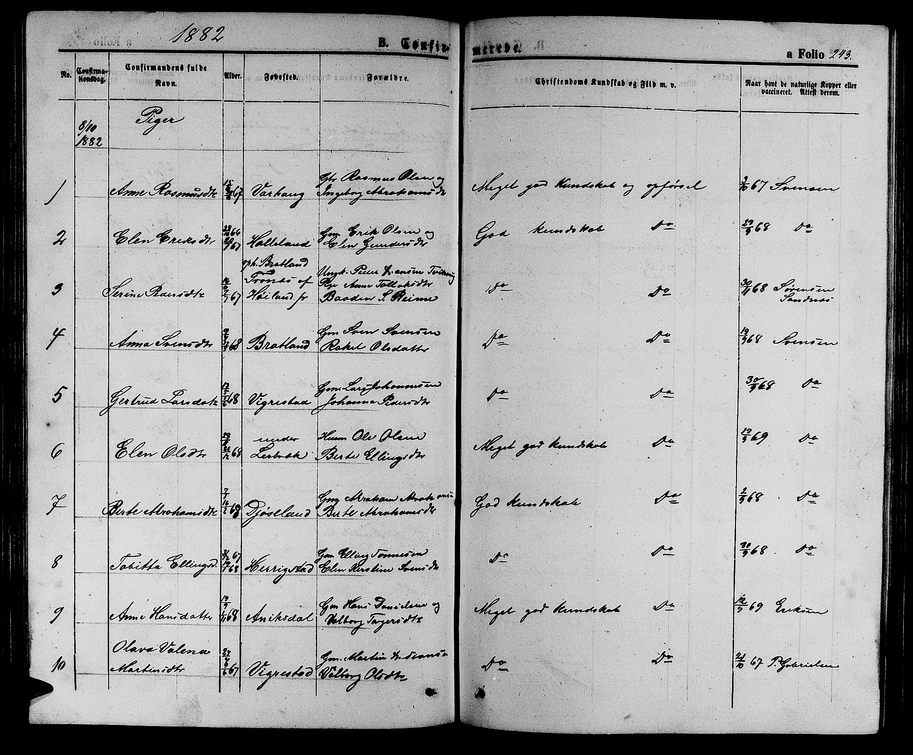 Hå sokneprestkontor, AV/SAST-A-101801/001/30BB/L0002: Klokkerbok nr. B 2, 1854-1883, s. 243