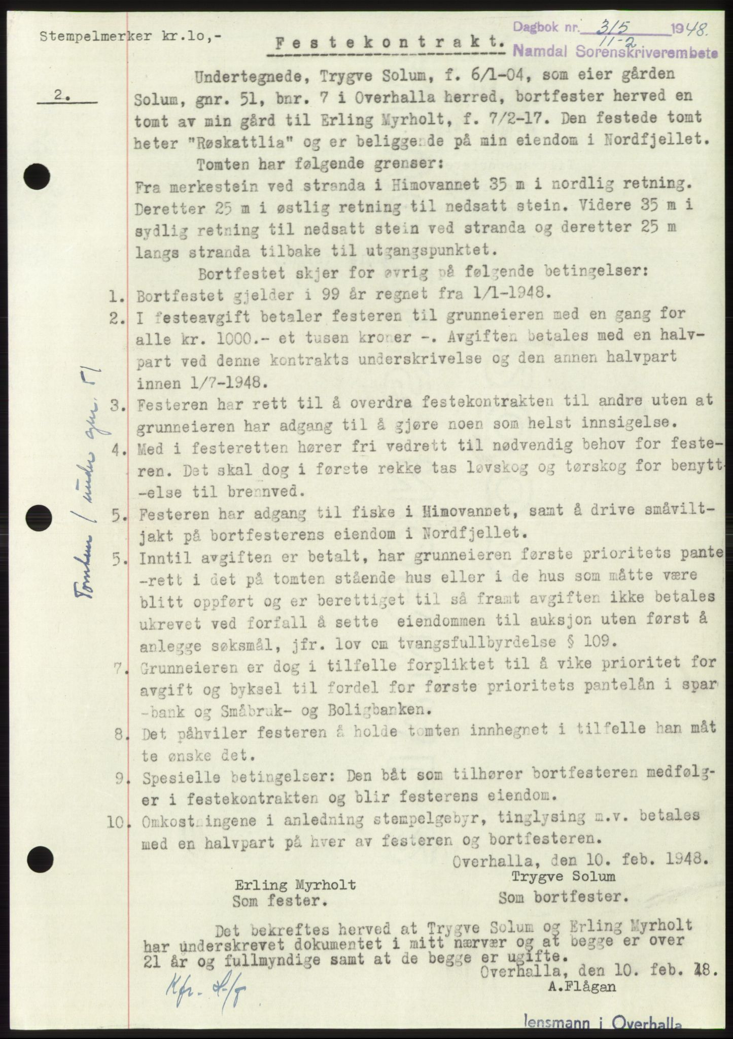 Namdal sorenskriveri, SAT/A-4133/1/2/2C: Pantebok nr. -, 1947-1948, Dagboknr: 315/1948