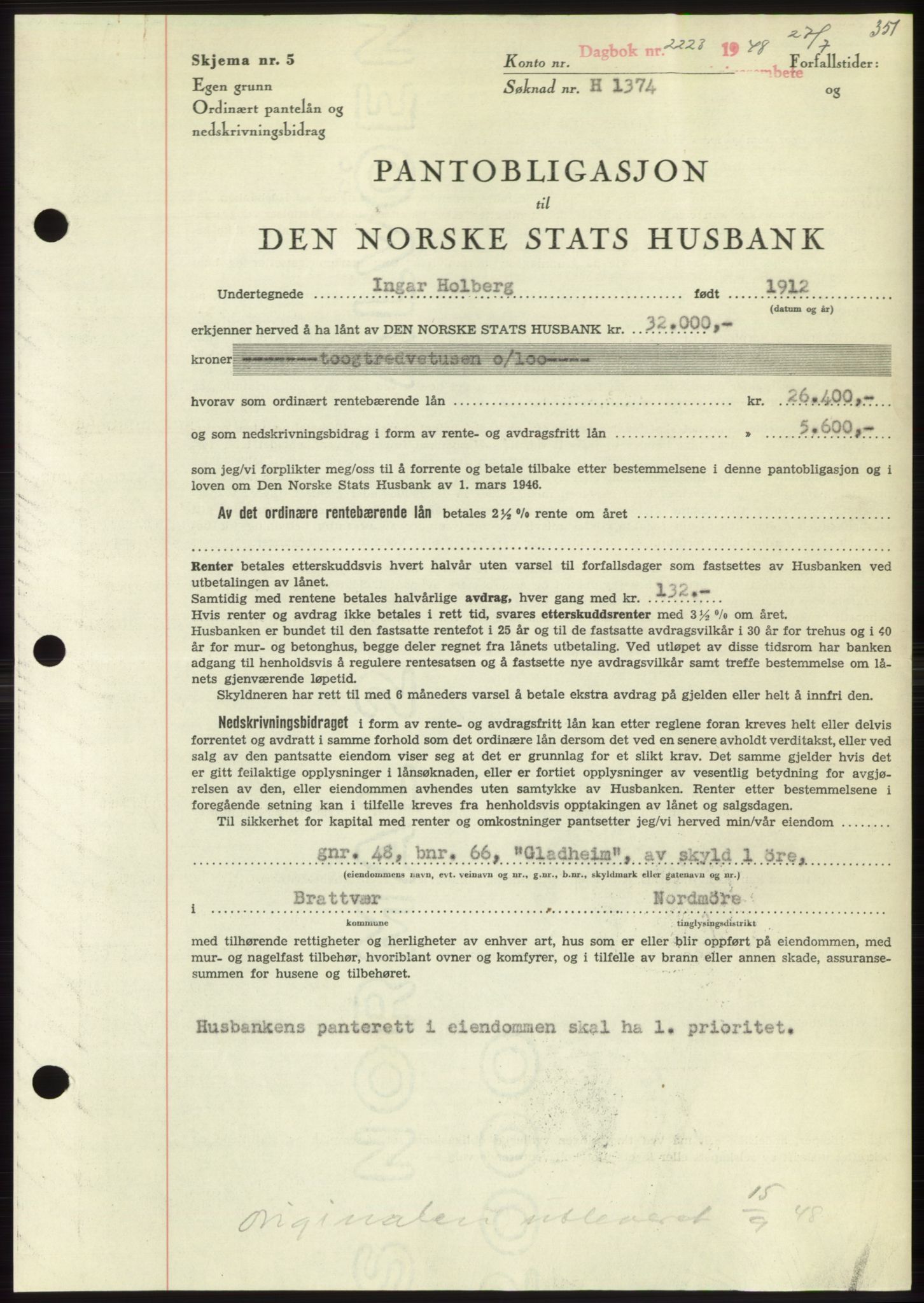 Nordmøre sorenskriveri, SAT/A-4132/1/2/2Ca: Pantebok nr. B99, 1948-1948, Dagboknr: 2223/1948