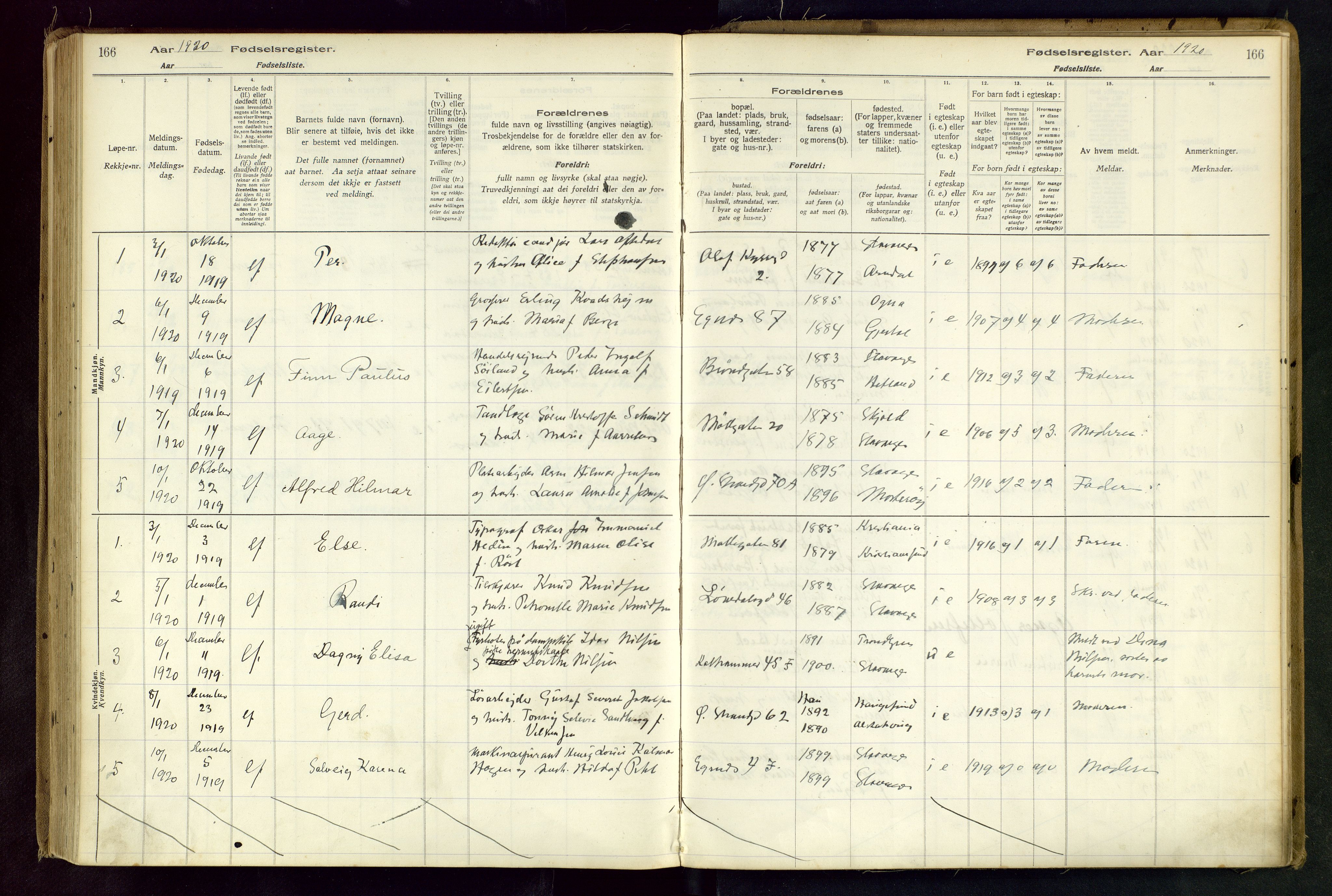 Domkirken sokneprestkontor, SAST/A-101812/002/B/L0001: Fødselsregister nr. 1, 1916-1920, s. 166