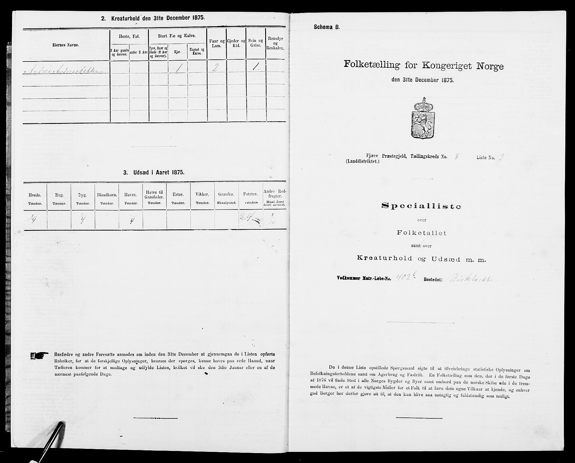 SAK, Folketelling 1875 for 0923L Fjære prestegjeld, Fjære sokn, 1875, s. 1697