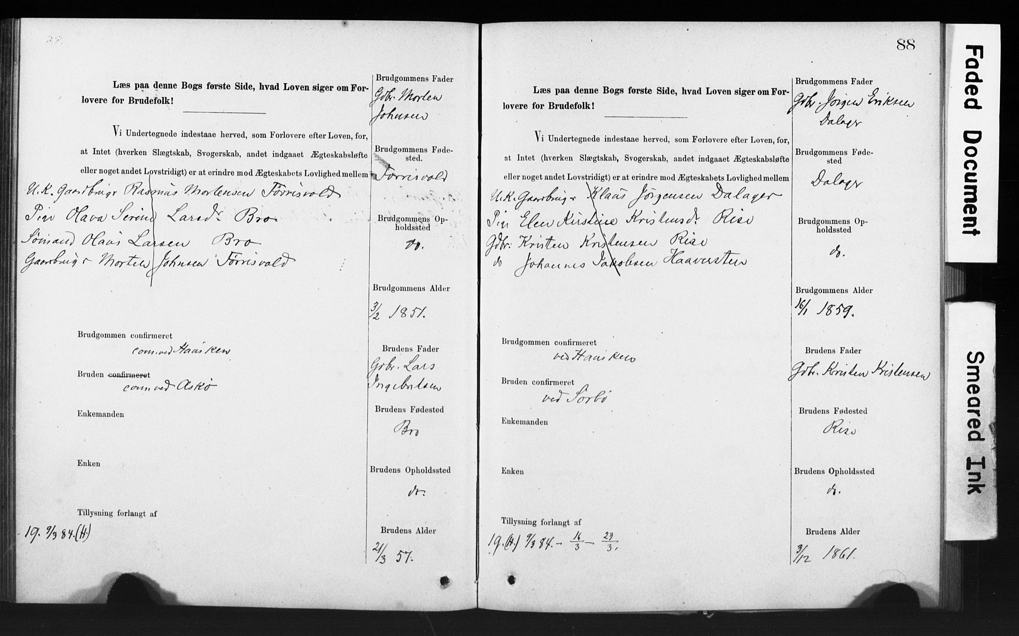 Rennesøy sokneprestkontor, AV/SAST-A -101827/I/Ie/L0001: Lysningsprotokoll nr. 1, 1873-1898, s. 88