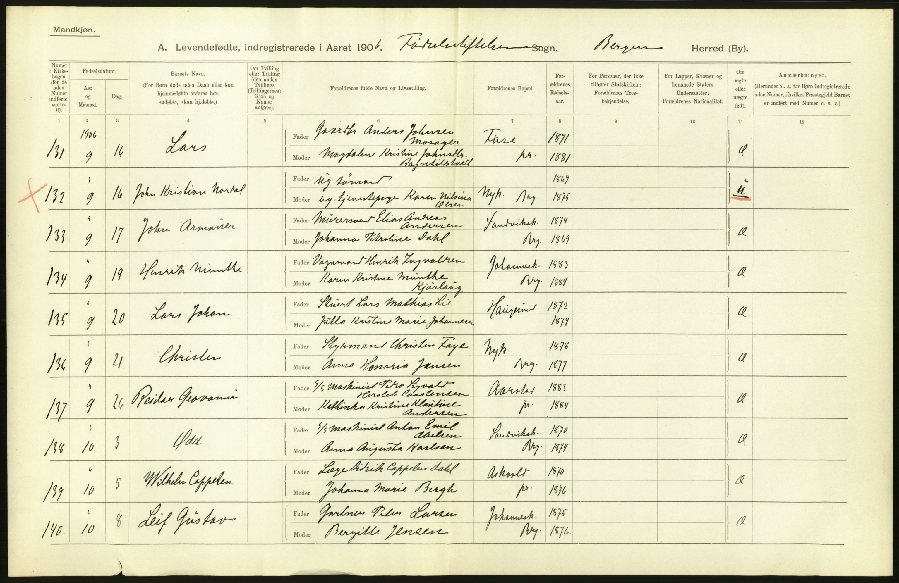 Statistisk sentralbyrå, Sosiodemografiske emner, Befolkning, AV/RA-S-2228/D/Df/Dfa/Dfad/L0031: Bergen: Levendefødte menn og kvinner., 1906, s. 10