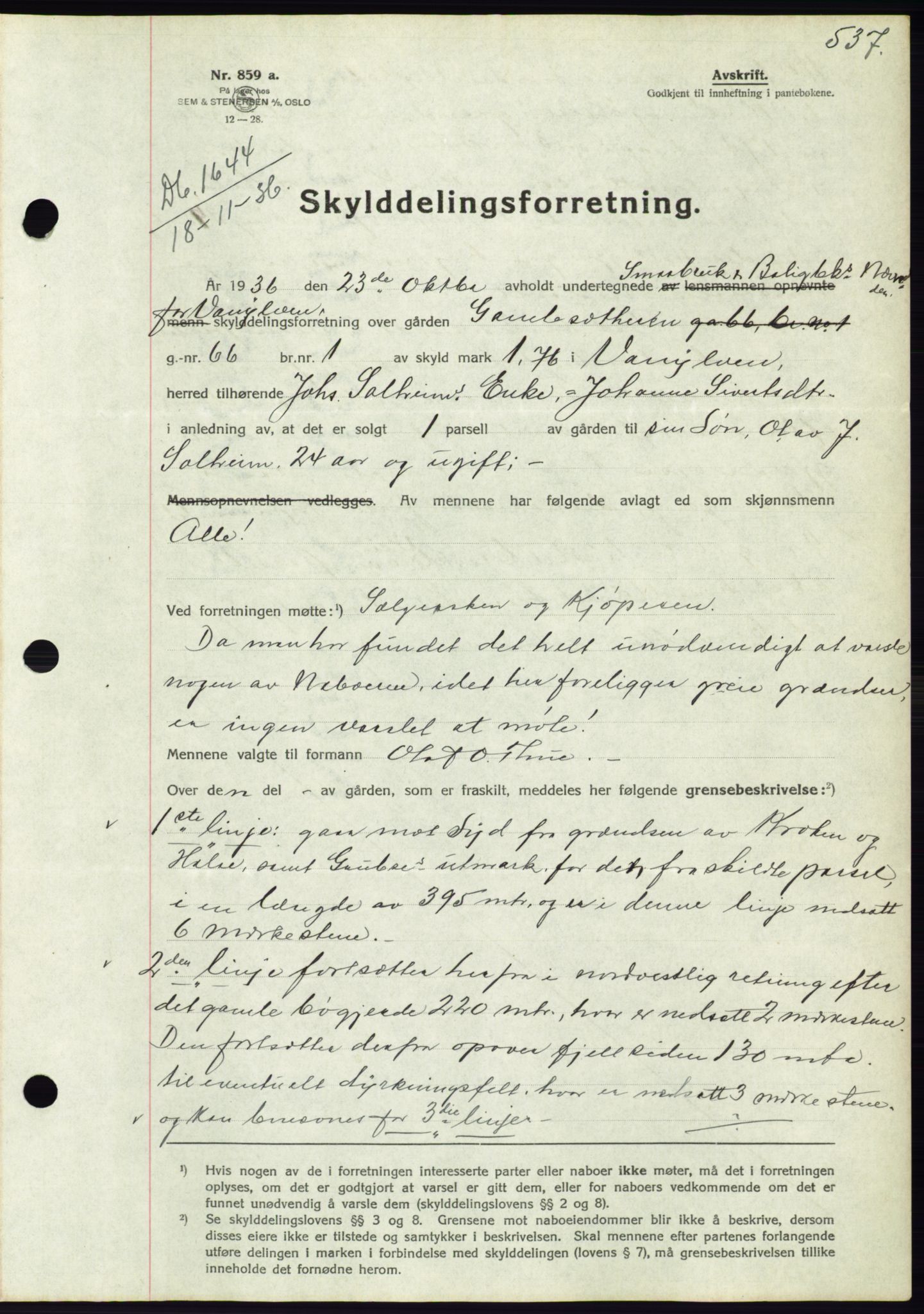 Søre Sunnmøre sorenskriveri, SAT/A-4122/1/2/2C/L0061: Pantebok nr. 55, 1936-1936, Dagboknr: 1644/1936